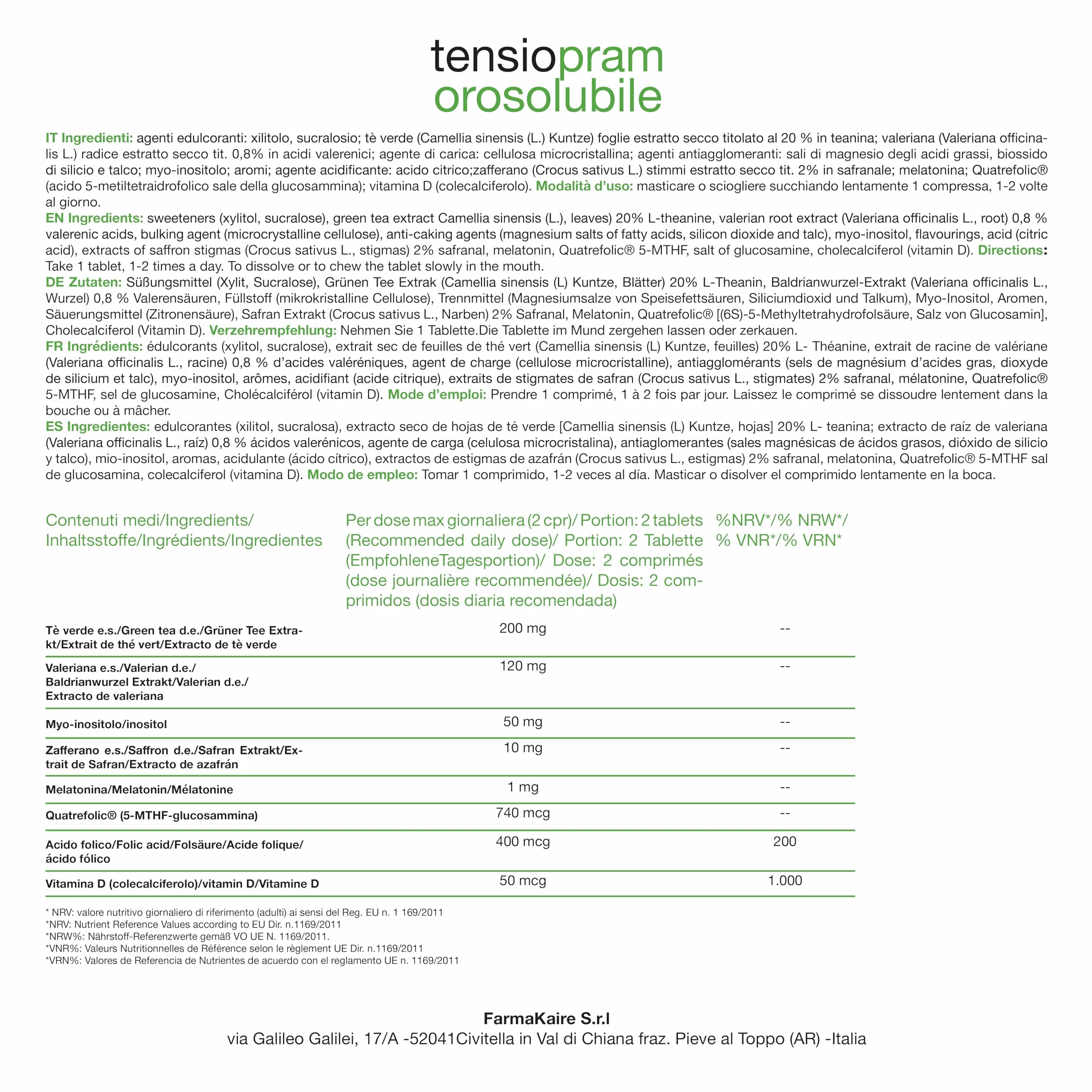 Tensiopram 60 compresse sublinguale, Naturale a Base di Valeriana, 1mg Melatonina, tè verde, zafferano Vit. D, Quatrefolic® e Myo-inositolo, per Ansia, Stress, Sonno e Umore, Vegan