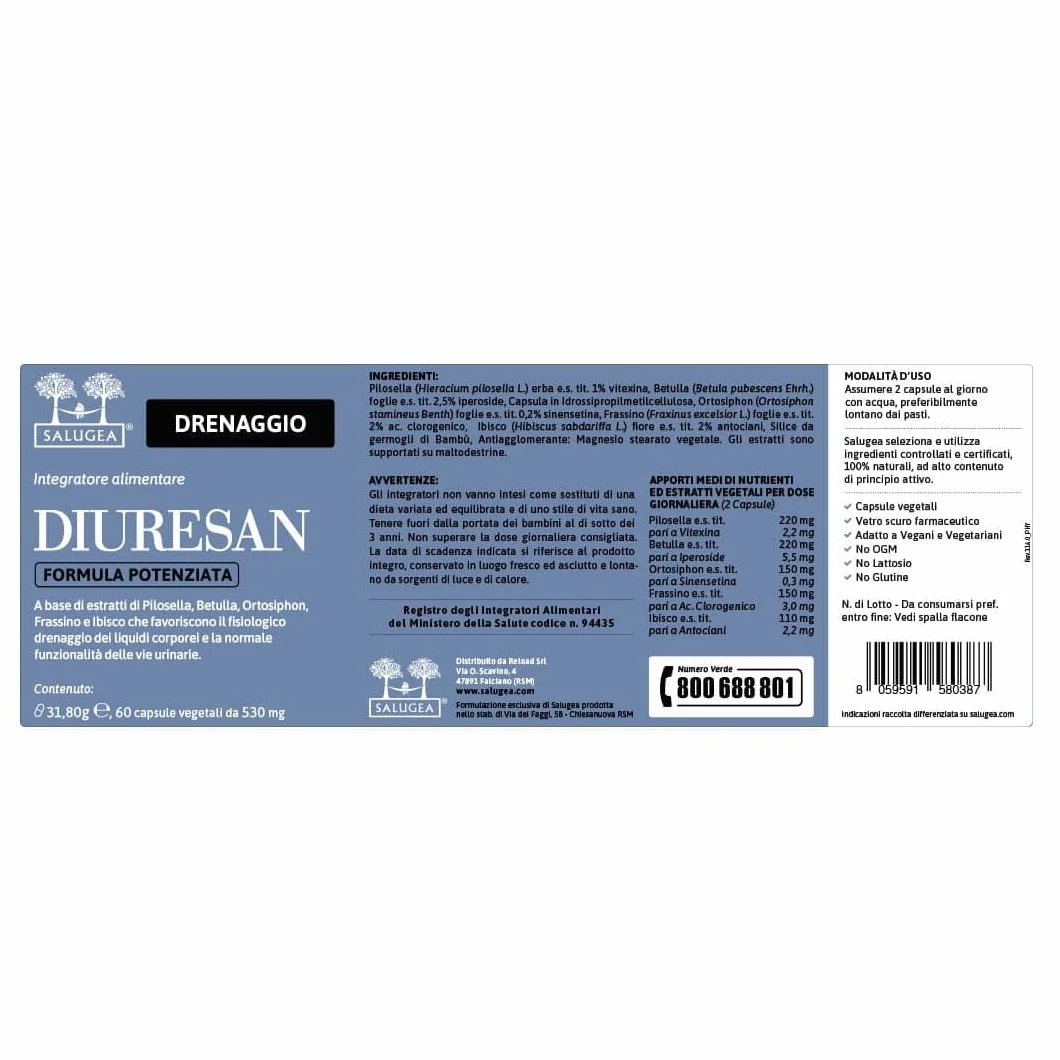 Salugea DIURESAN Formula Potenziata Integratore Ritenzione Idrica Drenaggio Depurazione Capsule Vegetali 60 capsule