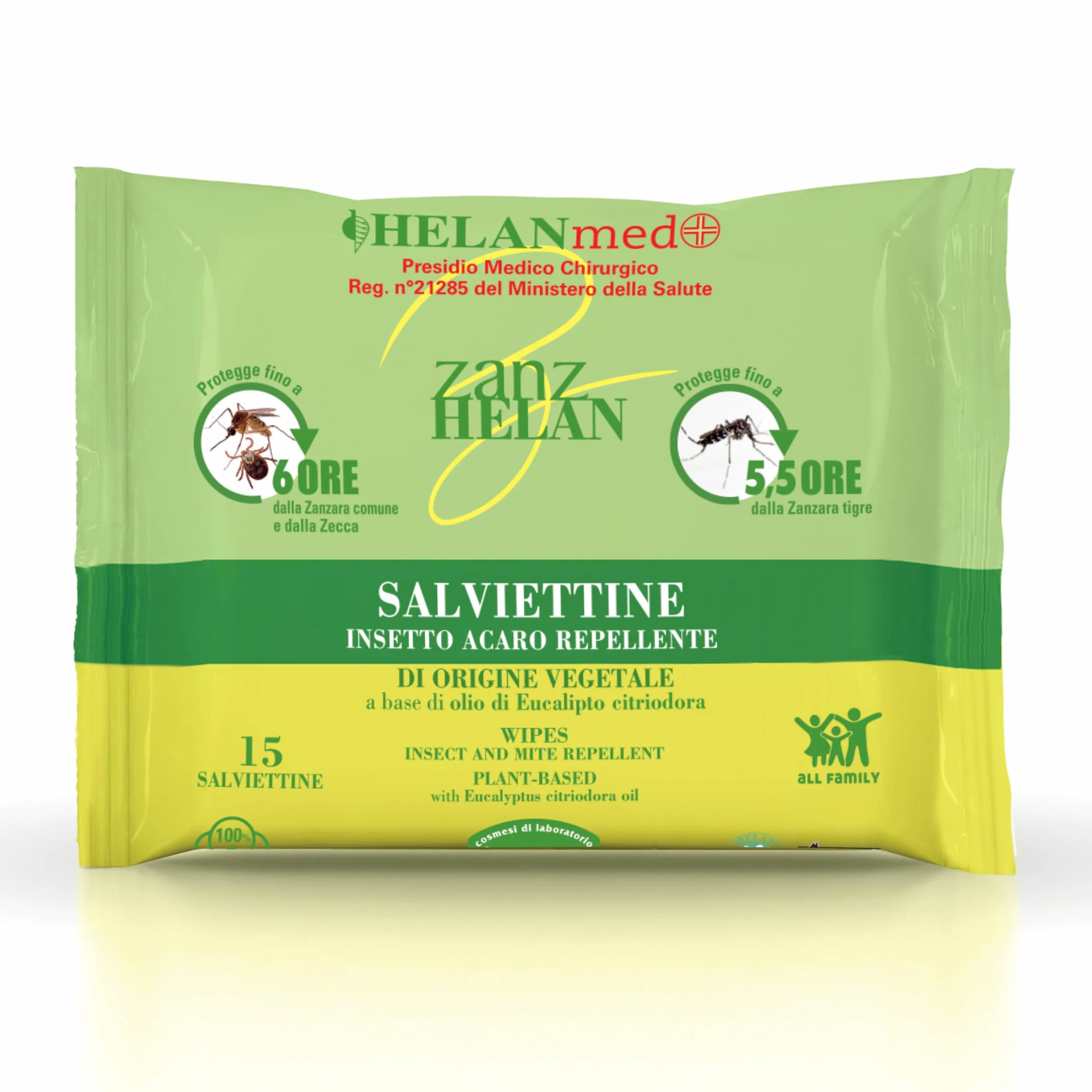 Helan Med Zanzhelan Salviette Umidificate Antizanzare 100% Cotone Bio Olio di Neem 15 Salviettine Repellente Zanzare Zecche 6 Ore