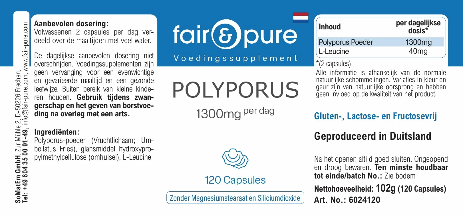 Fair & Pure® - Polyporus umbellatus - Polyporus 1300mg - Vegan - Polvere in capsule - 120 Capsule