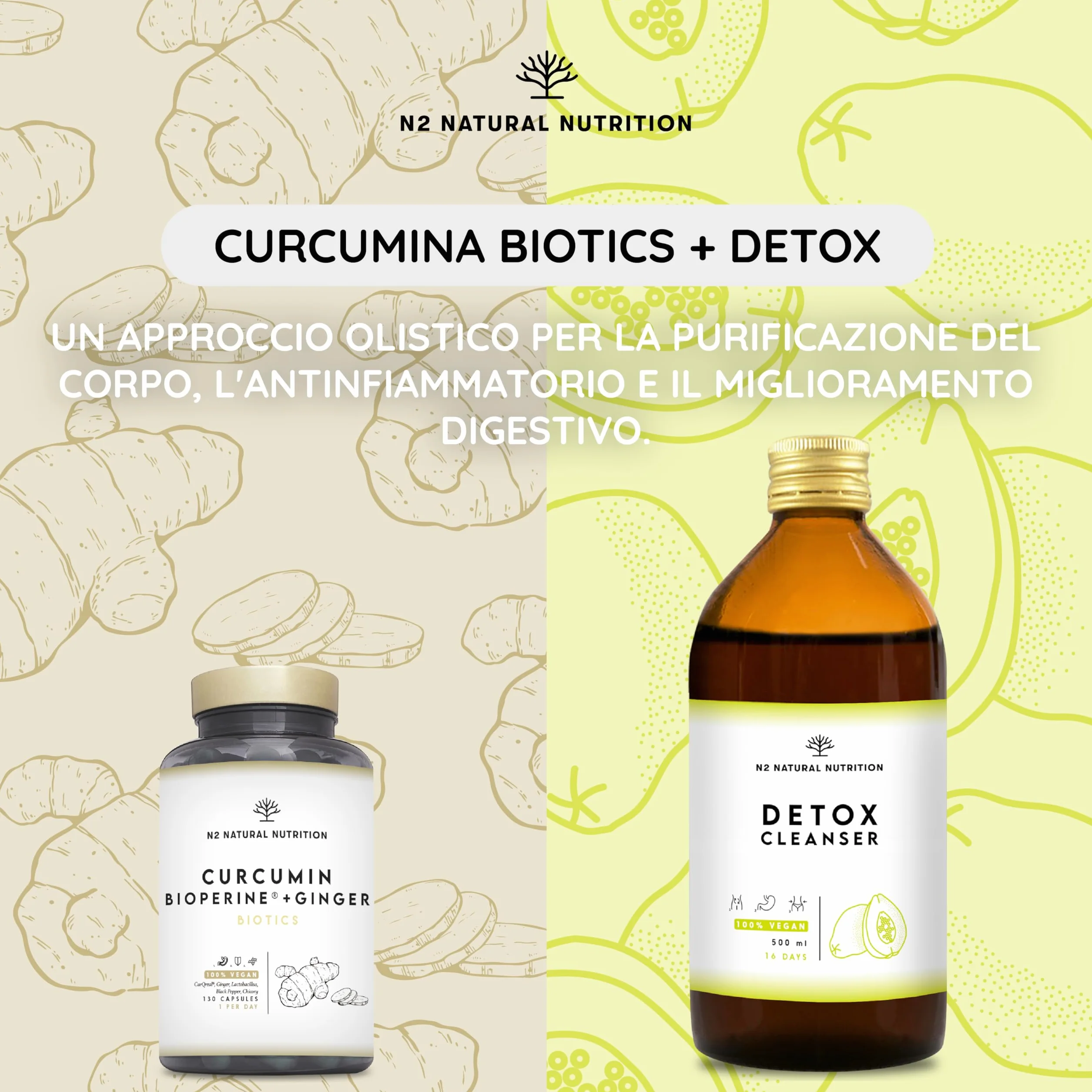 N2 Natural Nutrition Curcuma con Piperina 10000 mg Probiotici Zenzero 4 Mesi Antinfiammatorio Antiossidante