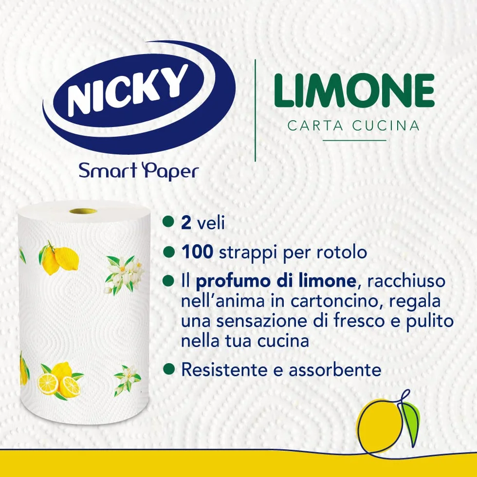 Nicky Limone Carta Cucina 2 Rotoli 100 Fogli Assorbenti 2 Veli Spessa Resistente Fresco Profumo Limone 100% FSC®