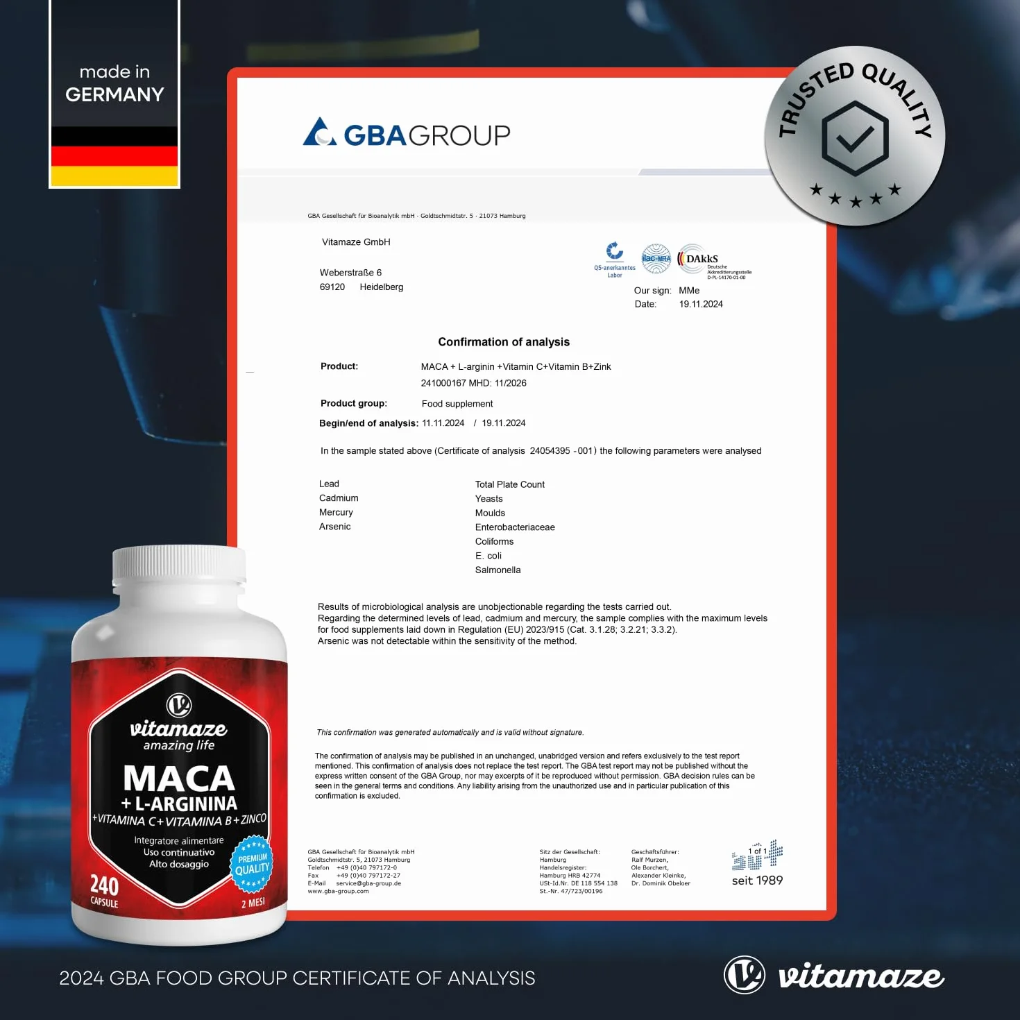 Vitamaze Maca Peruviana (con Maca Nera) Alto Dosaggio con L-Arginina, Zinco, Vitamina C, Vitamine B6 e B12, 240 Capsule, Prodotto in Germania, Integratore Alimentare Vegetale senza Additivi
