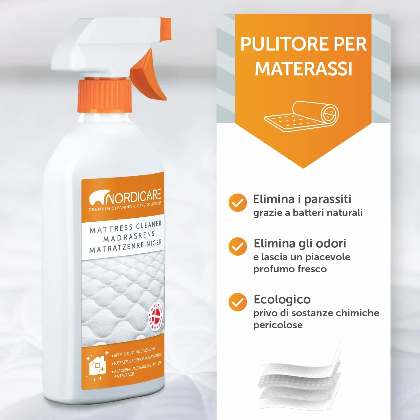 Nordicare Detergente Spray 500ml per Materassi e Biancheria da Letto Elimina Odori