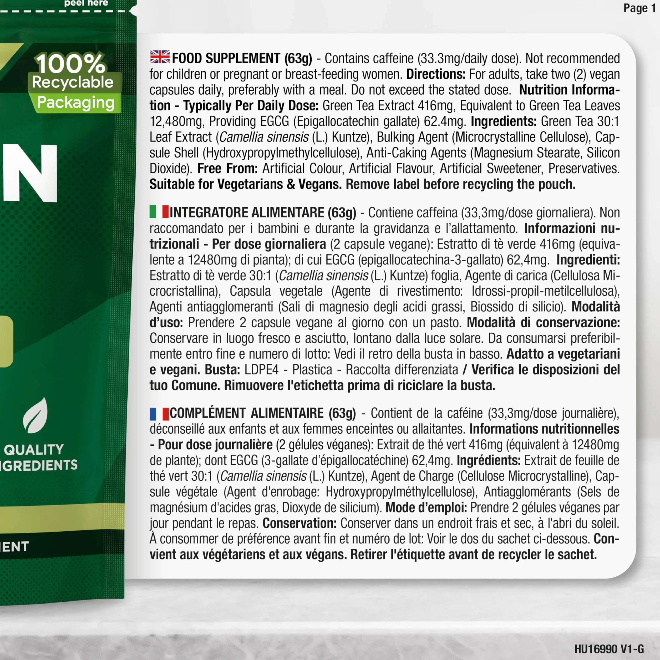 Te Verde Capsule 12480mg | Green Tea estratto ad alta resistenza | 120 capsule in polvere | Vegano e vegetariano | di Horbaach