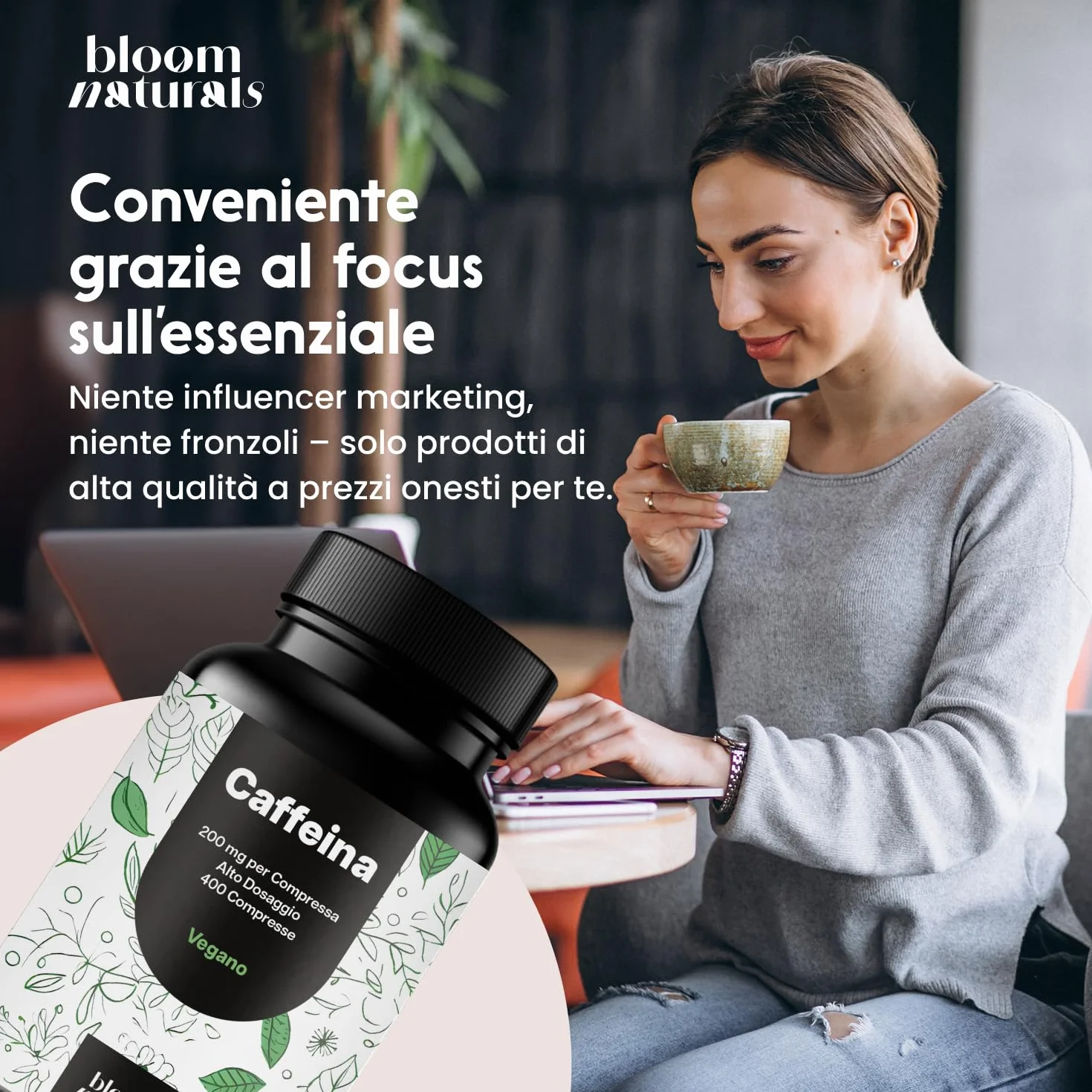Caffeina Pura 400 Compresse 200 mg Alto Dosaggio Vegano Integratore