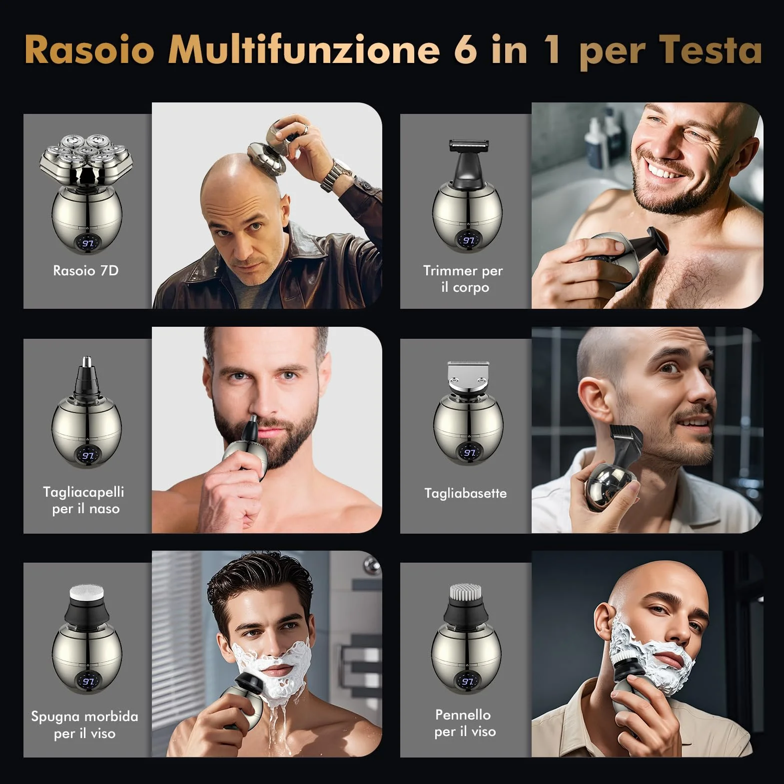 Rasoio Testa Calva Zero Assoluto 7D Magnetici Rimovibile 6 in 1 Impermeabile IP67 Display LED