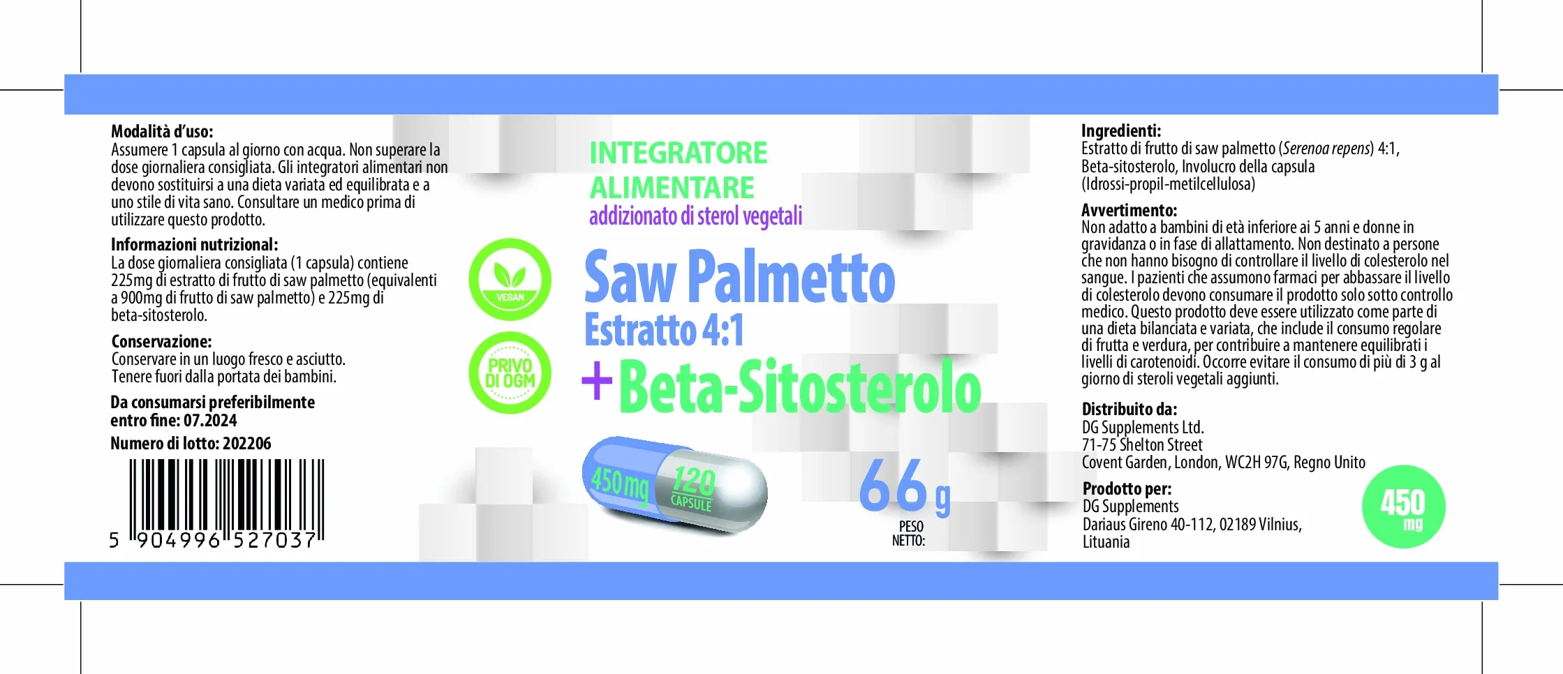 Hepatica Saw Palmetto 4:1 Beta-Sitosterolo 450 mg 120 capsule vegane Serenoa repens GMP