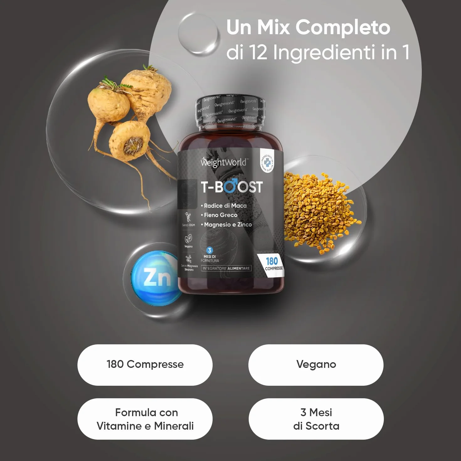 T Boost Complex Vegano, 180 Compresse, 3 Mesi, Integratore Maca Uomo, Zinco, Selenio, Vitamina B5, Magnesio, Lo Zinco Contribuisce al Mantenimento di Normali Livelli di Testosterone nel Sangue (EFSA)