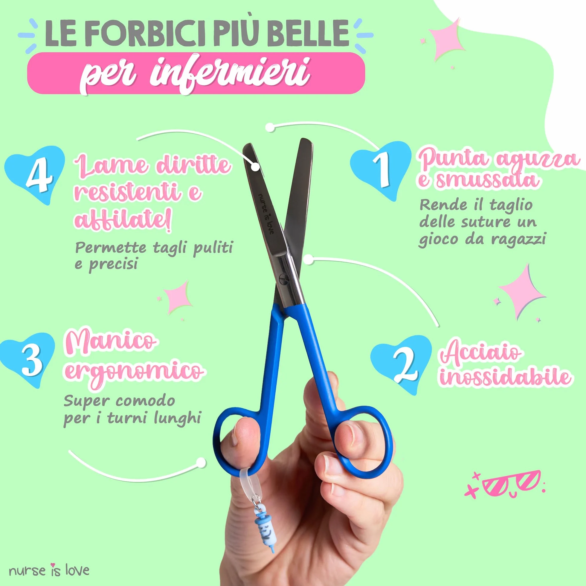 Nurse is Love Set Infermiera e TCAE (2 pezzi). | Porta Badge da Collo - Portachiavi Collo + Forbici Infermiere Mayo | Regali Personalizzati - Kit Accessori - BLU