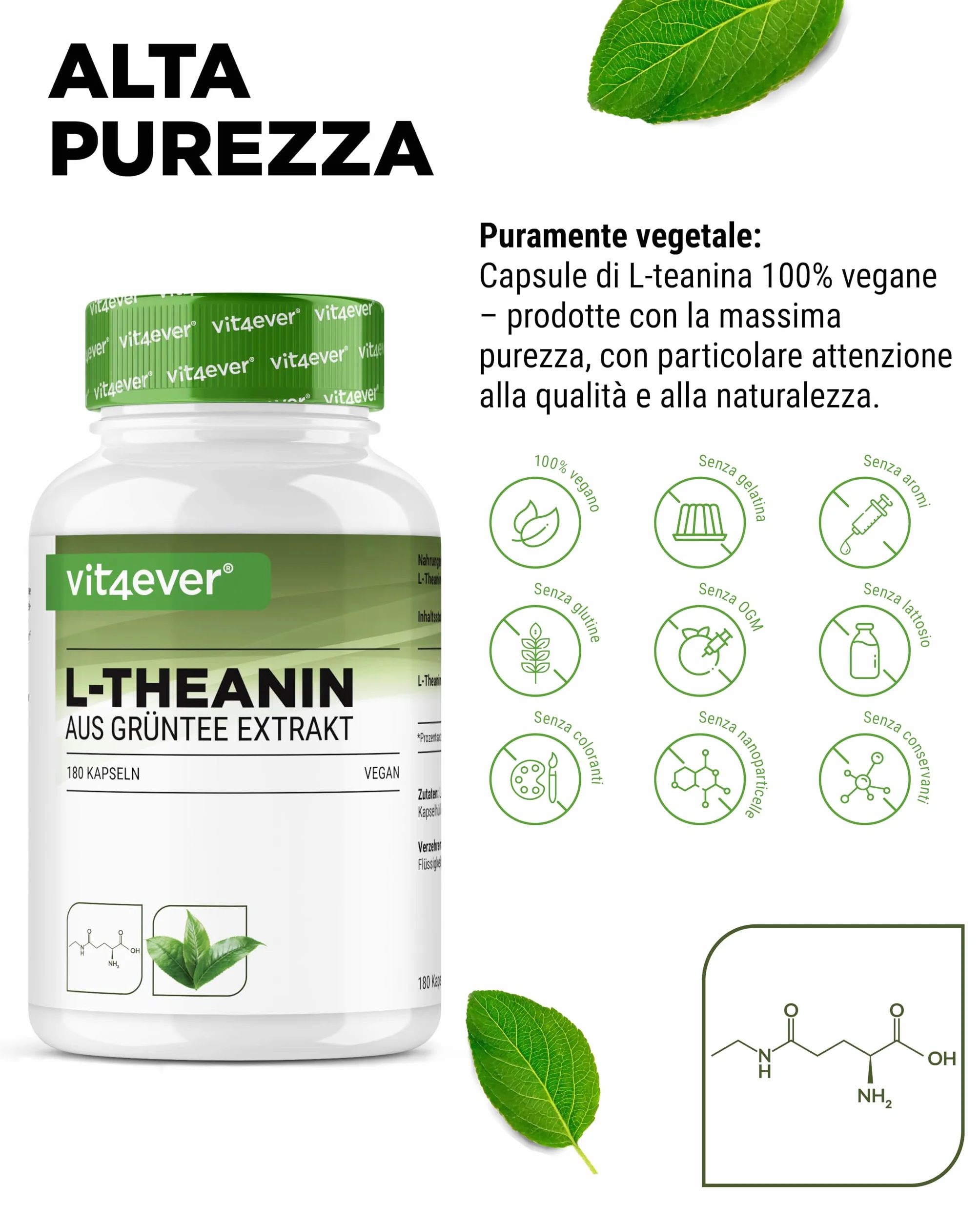L-Teanina - 180 capsule - 750 mg per dose giornaliera - Da estratto naturale di tè verde - Alta dose - Vegana