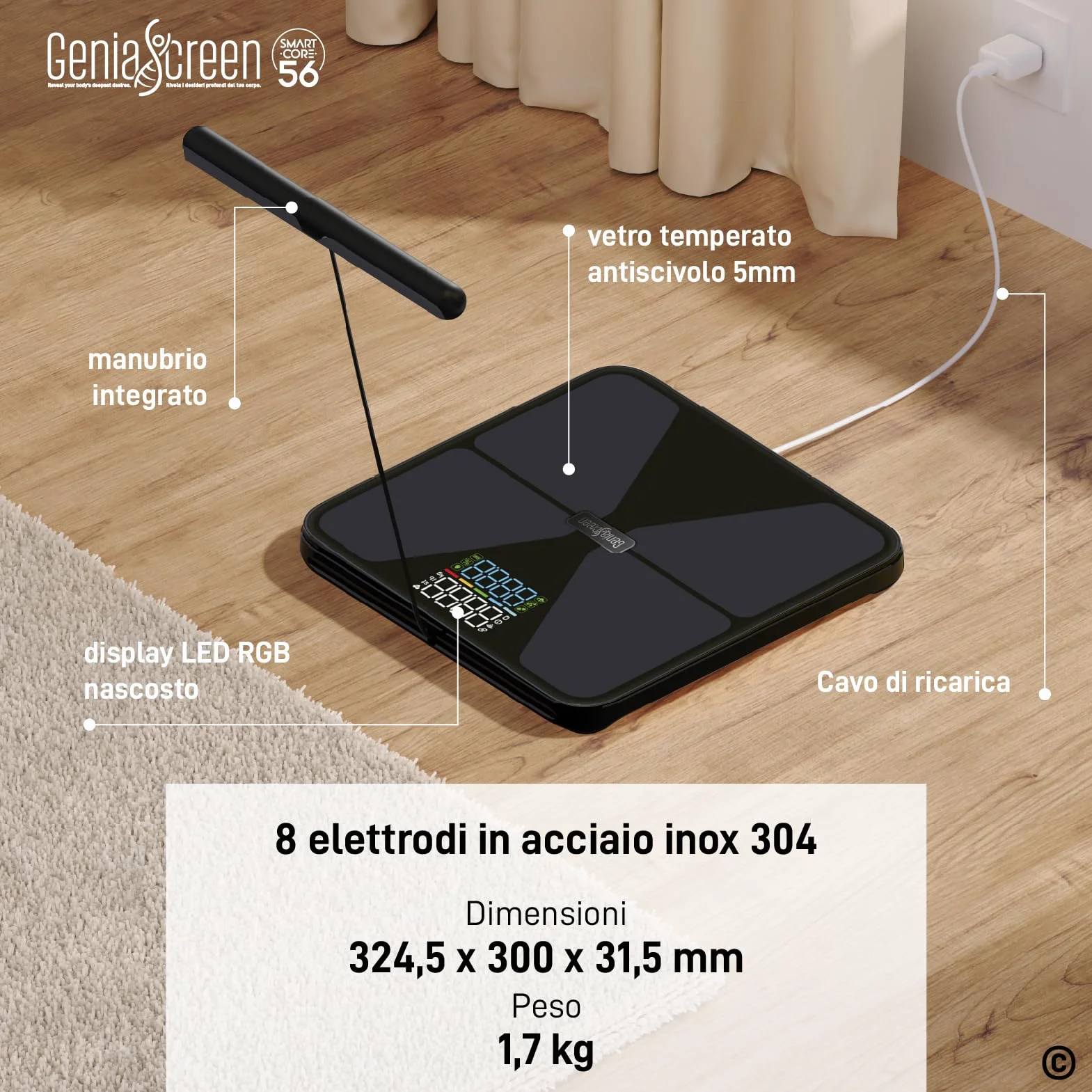 Bilancia Impedenziometrica Smart Wi-Fi Pesapersone Digitale 56 Misurazioni Vetro Temperato 32x30cm 180Kg GeniaScreen SmartCore Display LED Bluetooth
