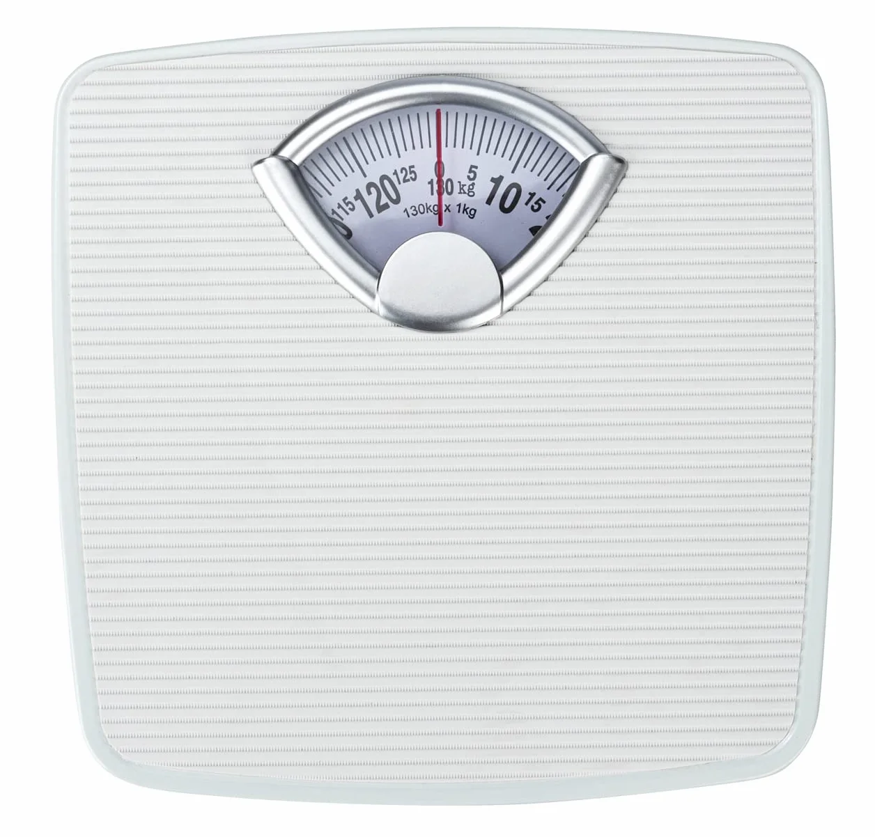 Bilancia meccanica, precisa e analogica WENKO con ampia scala e battistrada antiscivolo, campo di misura fino a 130 kg con incrementi di 1 kg, alloggiamento in metallo bianco, 27 x 4,5 x 26,5 cm