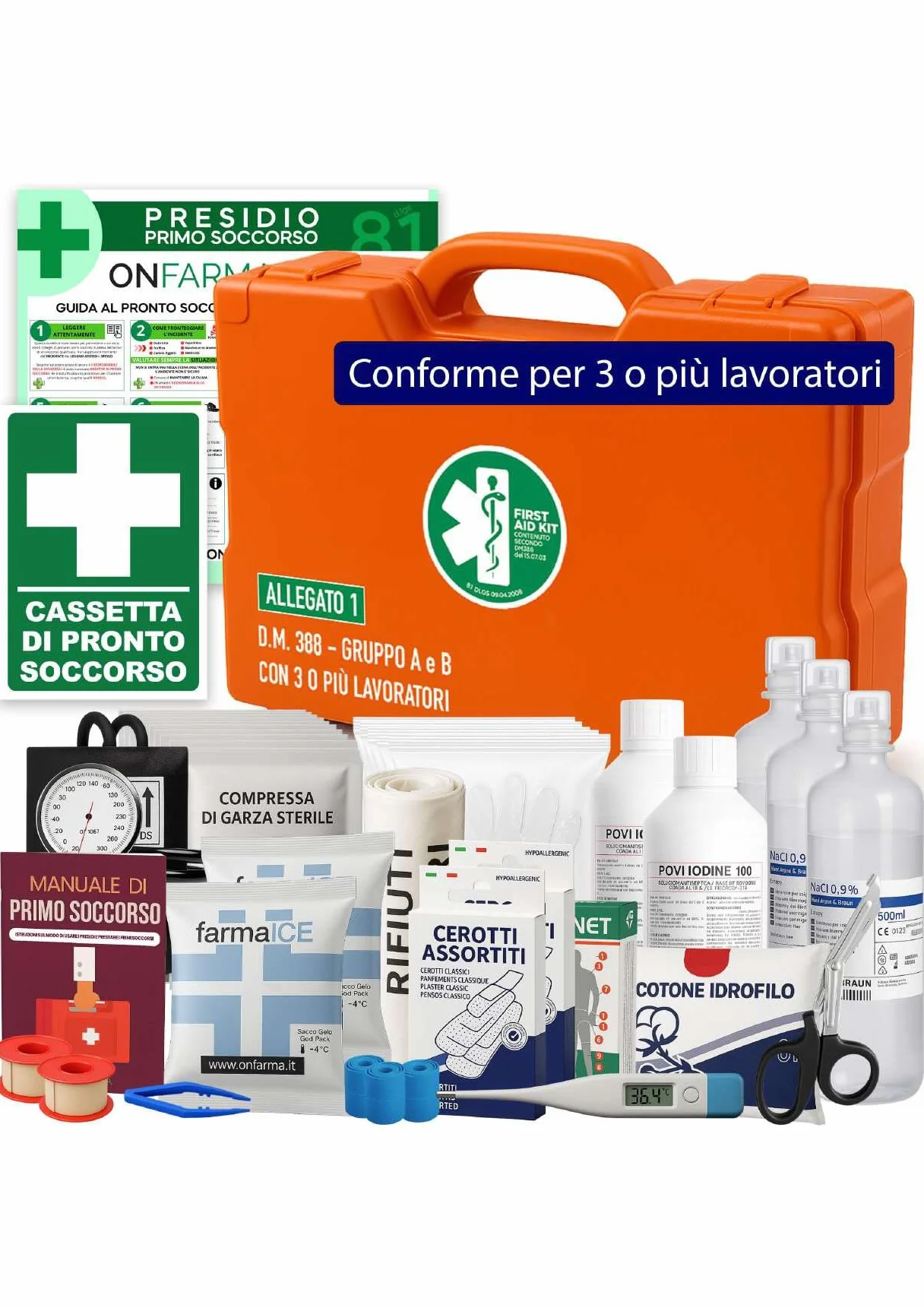 ONFARMA FARMA4 cassetta medica primo soccorso completa di misuratore di pressione e cartello conforme DM 388 allegato 1