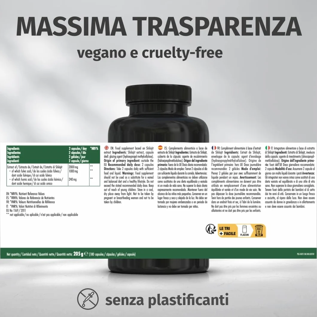 Green Naturals® Shilajit Himalaya Originale – 1.300 mg per dose giornaliera (estratto 10:1) – 50% acido fulvico & 12% acido umico – Scorta 3 mesi – 180 capsule