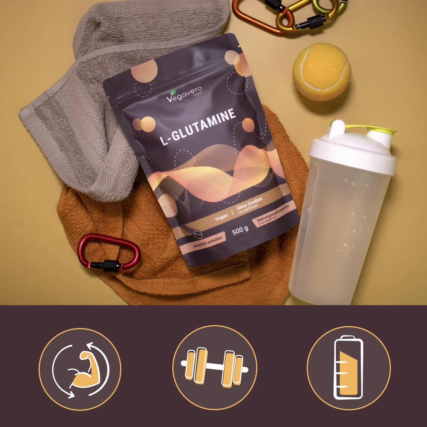 Glutammina in Polvere | 100% Pura e Naturale | Gusto Neutro | 5.000 mg - Alto Dosaggio | Vegan e Senza Additivi | Integratore Sport per Recupero Muscolare | con Misurino | Vegavero®