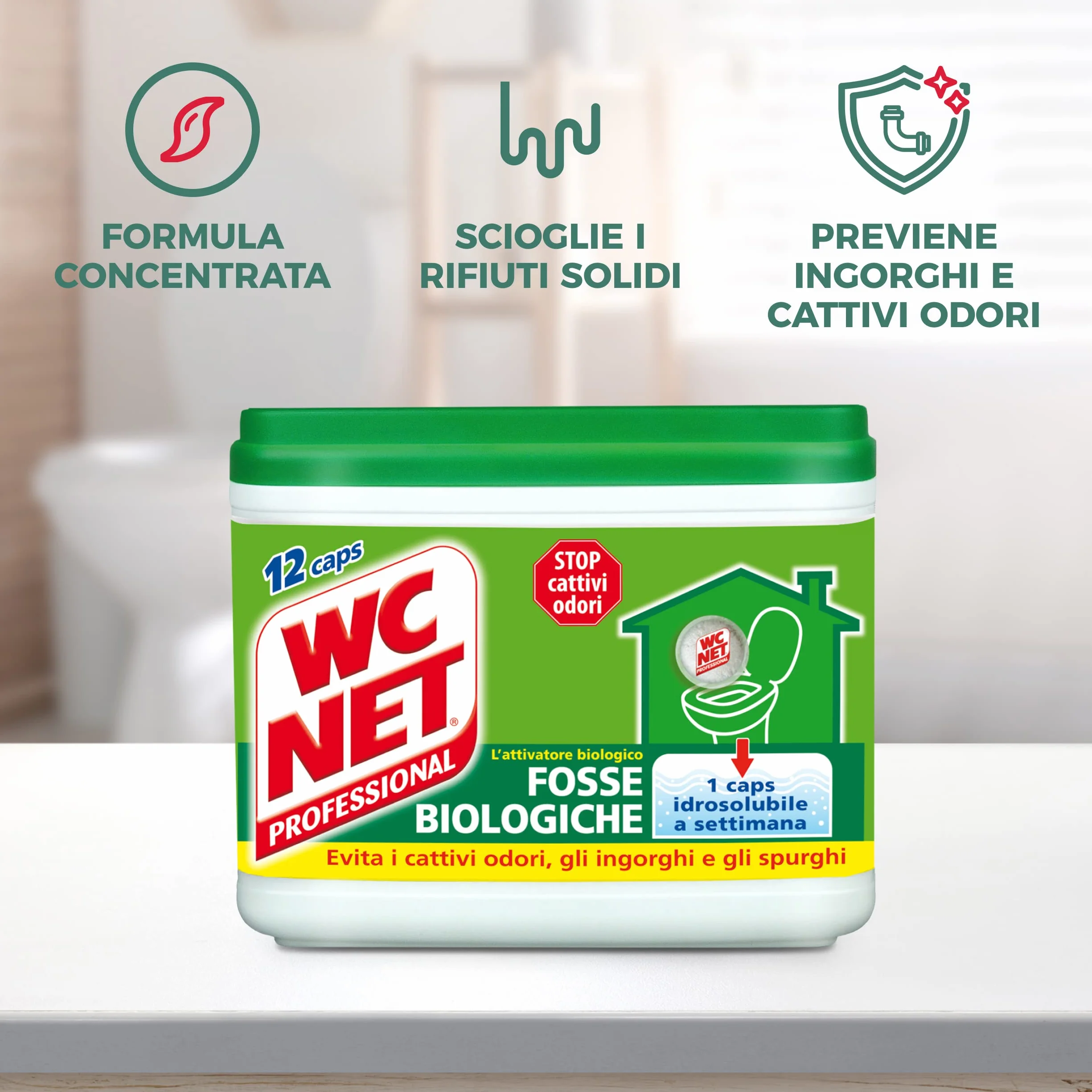 Wc Net Professional, Fosse Biologiche, Capsule Idrosolubili per WC, Scioglie gli Ingorghi, 12 Caps x 3 Confezioni