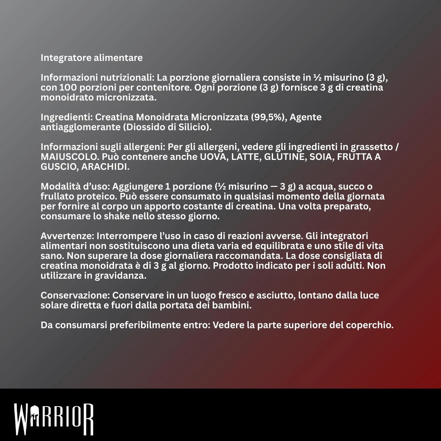 Warrior Creatina Monoidrata in Polvere 300 g Creapure Micronizzata per Massa Muscolare e Forza