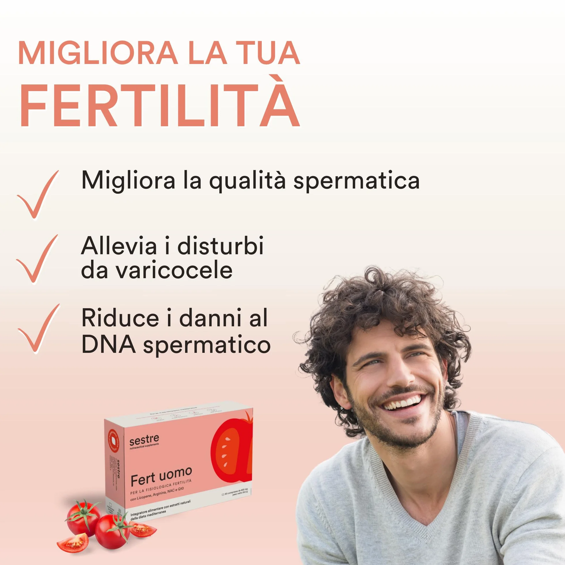 Sestre Fert Uomo, Integratore per la Fertilità Maschile, Aiuta a Mantenere Normali i Livelli di Testosterone, con Licopene, Selenio, Zinco e Altri Attivi Nutraceutici, 60 Compresse