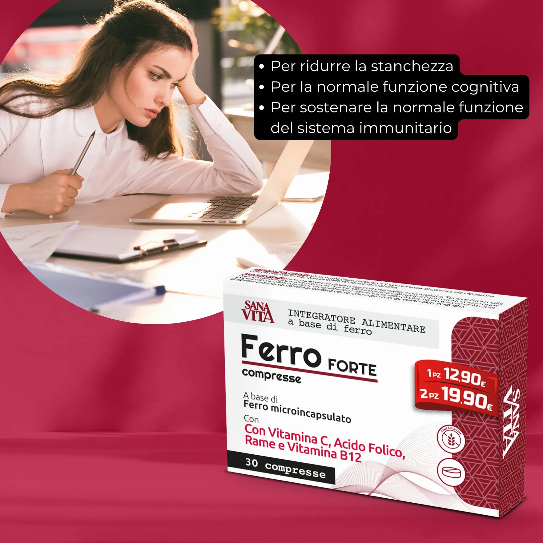 Sanavita Ferro Forte Integratore Alimentare con Ferro Alto dosaggio, Vitamina C, Rame, Acido Folido e Vitamina B12 Alo Dosaggio - 30 compresse