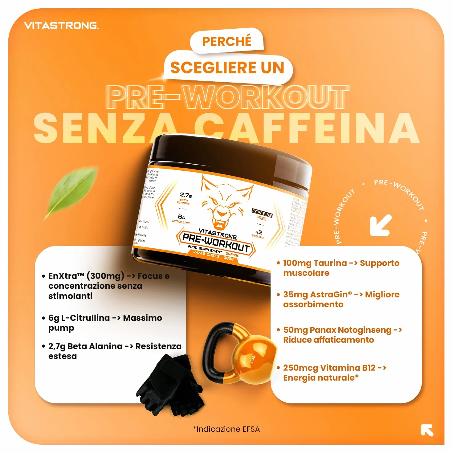 Pre Workout Potente 300g, con Vitamina B12, L Citrullina, Beta Alanina,Taurina, AstraGin, Vitastrong Pre Workout Made in Italy (24 Porzioni (Confezione da 1),Orange - No Caffeine)