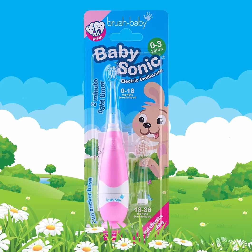 Brush-Baby - BabySonic - Spazzolino elettrico rosa, 0-36 mesi, morbido e delicato, per gengive sensibili e denti nuovi, con luce LED e base di aspirazione, testine per neonati e bambini