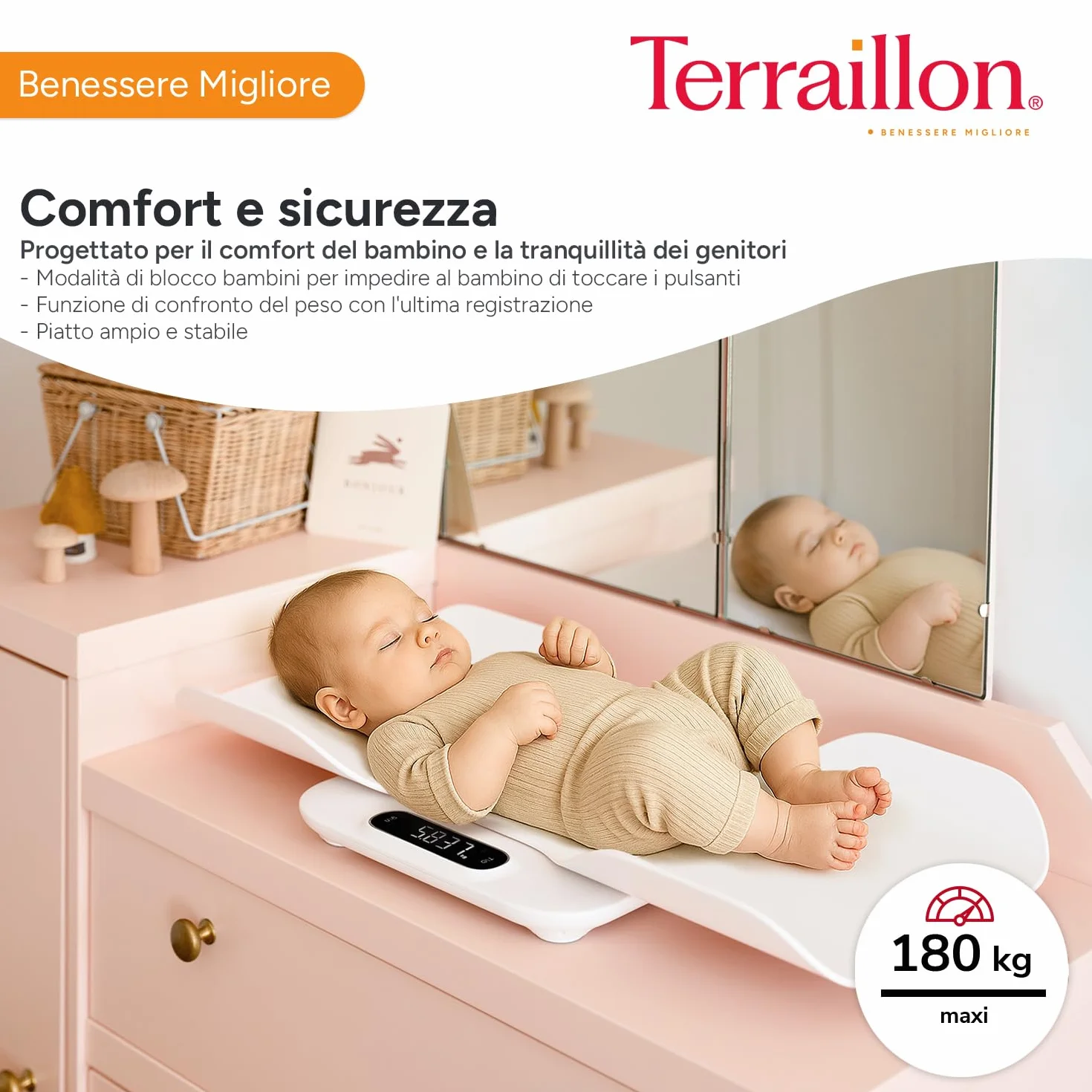 TERRAILLON BABY FIT Pesa Bambino 2 in 1 Elettronica Navicella Staccabile Confronto Peso Blocco Bambino Gradazione 5-10-15 g Capacità 180 kg Bianco