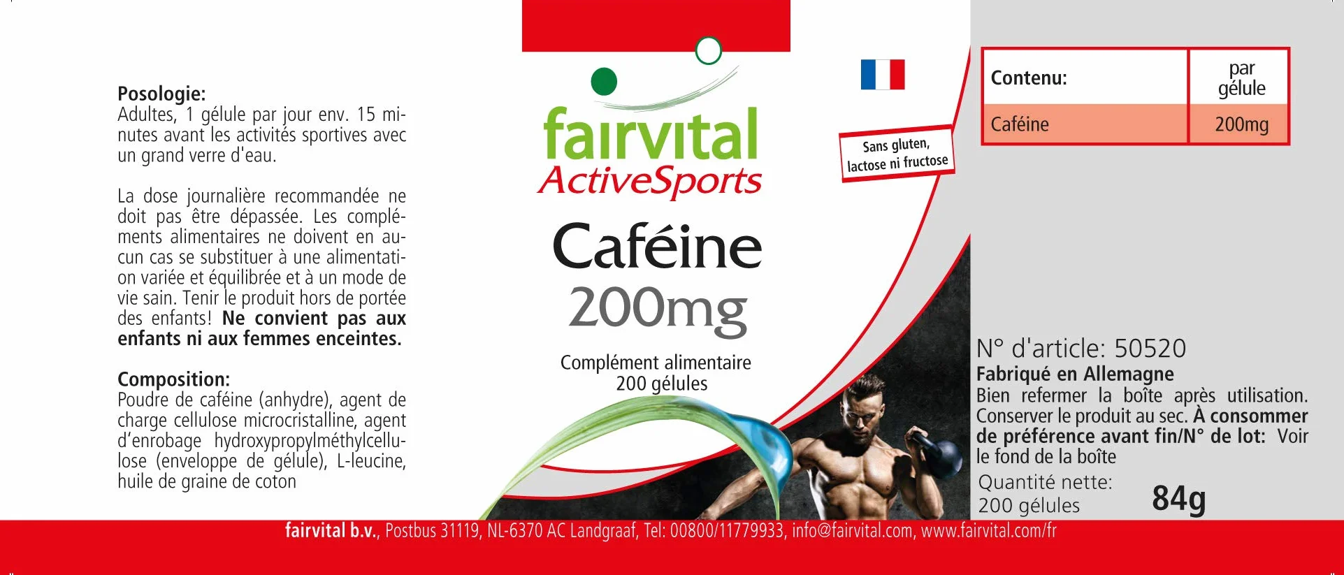 Fairvital Capsule di caffeina 200 mg, 200 capsule vegane ad alto dosaggio