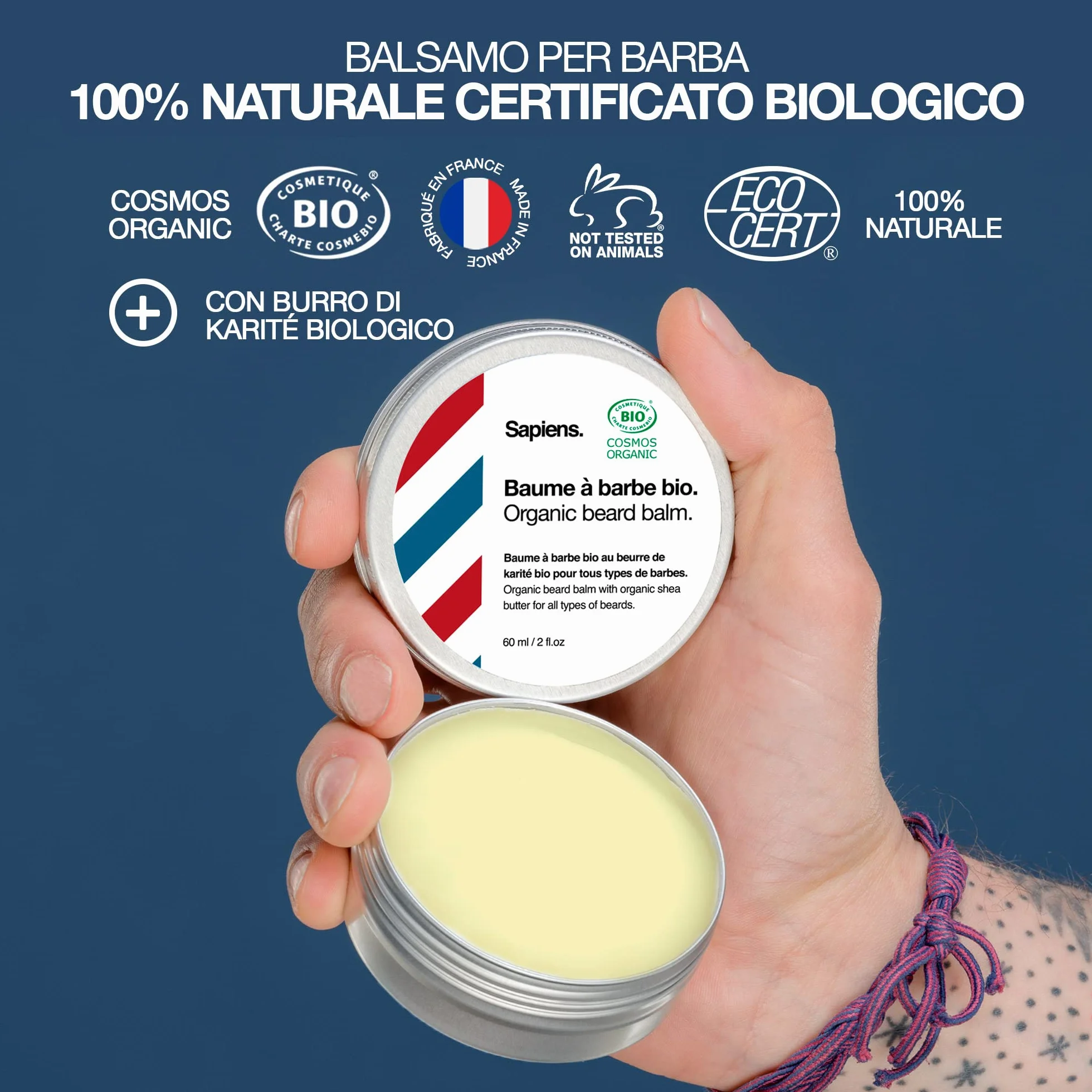 Sapiens Balsamo Barba Uomo BIO 60 ml – Cera Barba e Cera Baffi Naturale – Burro di Karité & Olio di Ricino – Ammorbidisce, Nutre e Modella – Fatto in Francia, Certificato Cosmos Organic