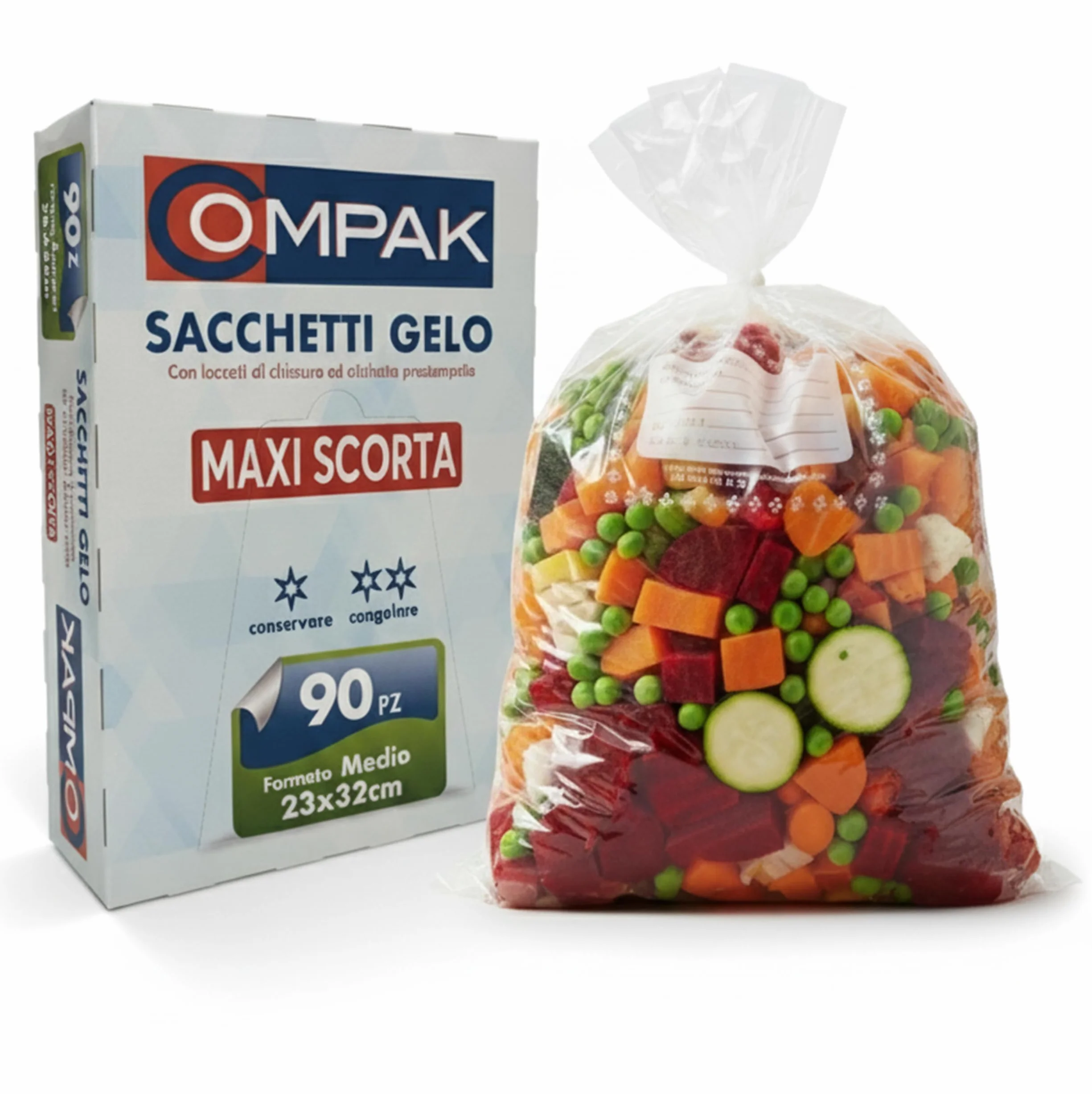FRIO 90 Sacchetti Gelo Misura Media 23x32 cm | Confezione Risparmio per Alimenti, Freezer e Cucina | Buste Congelatore con Laccetti ed Etichetta | Antistrappo e Resistenti, Maxi Scorta