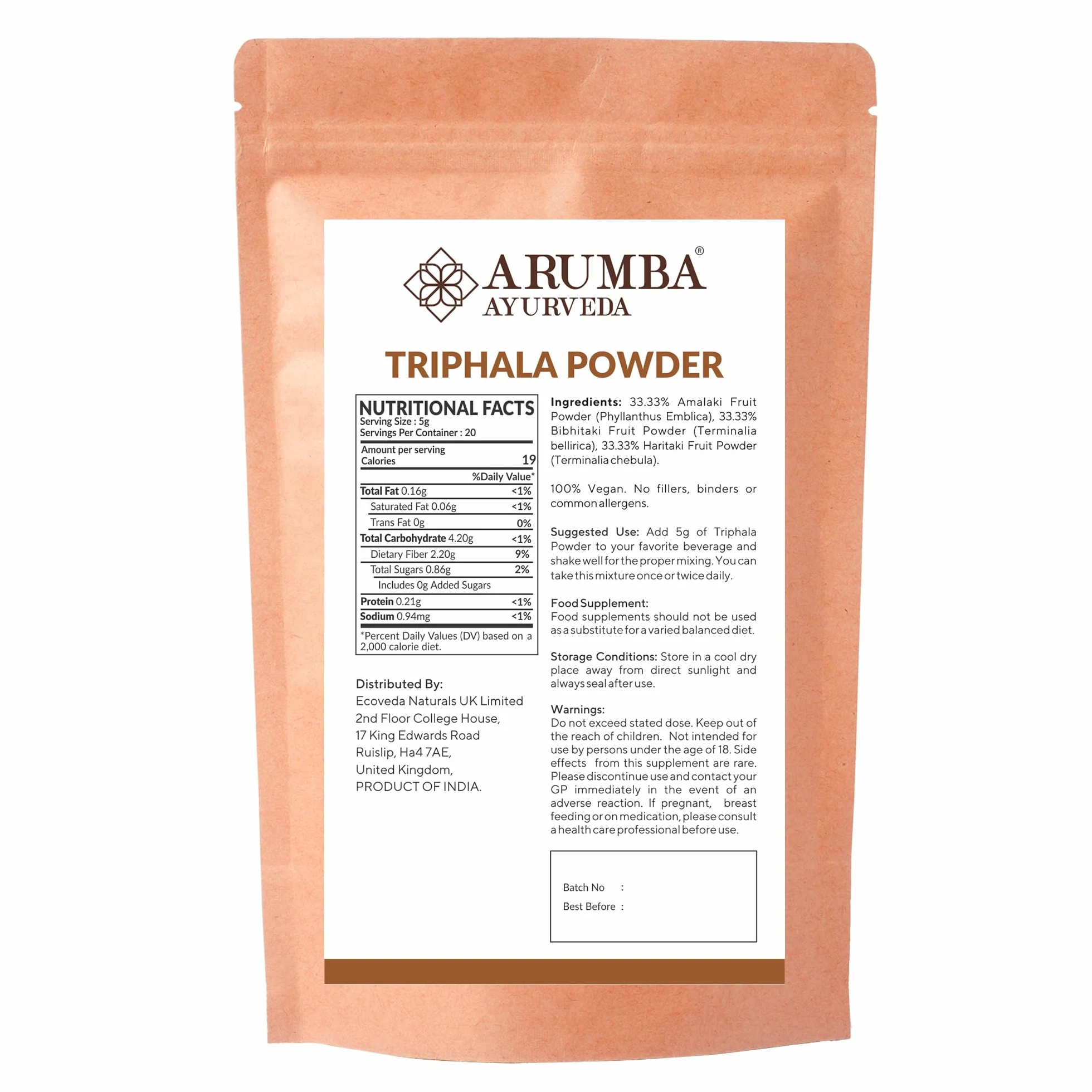 Triphala - Polvere da 100 g per alleviare la stitichezza, Haritaki, Bibhitaki, Amla, Cleanse Vitamina C, Digestione