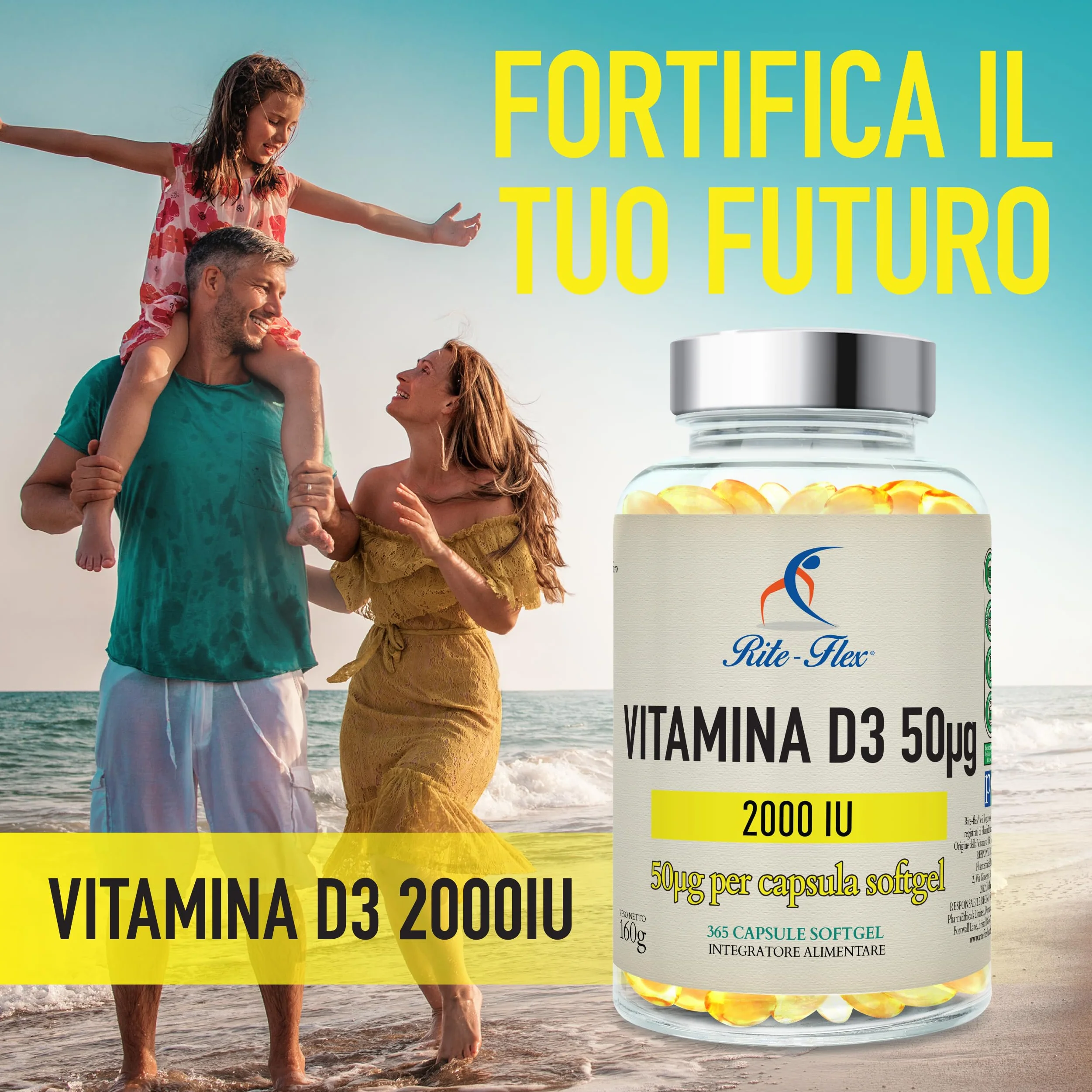 Rite-Flex, Integratore di Vitamina D3 2000 UI (365 Capsule Soft gel)