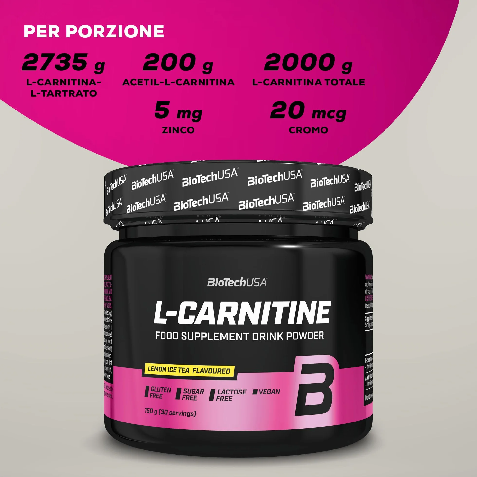BioTechUSA L-Carnitina Drink Powder | 2.000mg/serving | Vegan, Senza Glutine, Senza Zucchero | Aumenta il Metabolismo e l'Energia, 150 g, tè freddo al limone