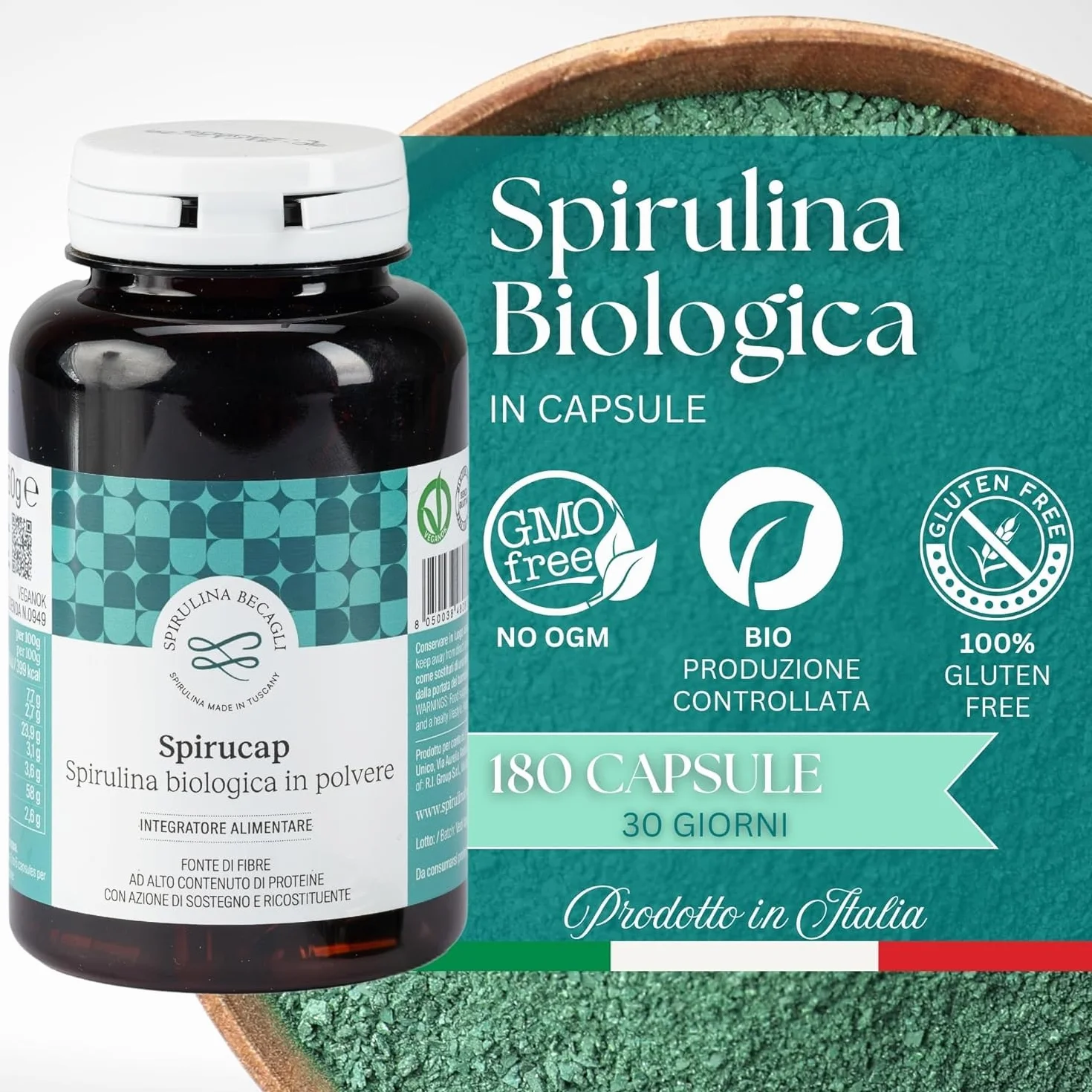 Spirulina Biologica Capsule Integratore Alimentare 100% Vegetale Coltivata in Toscana BECAGLI 180 Capsule