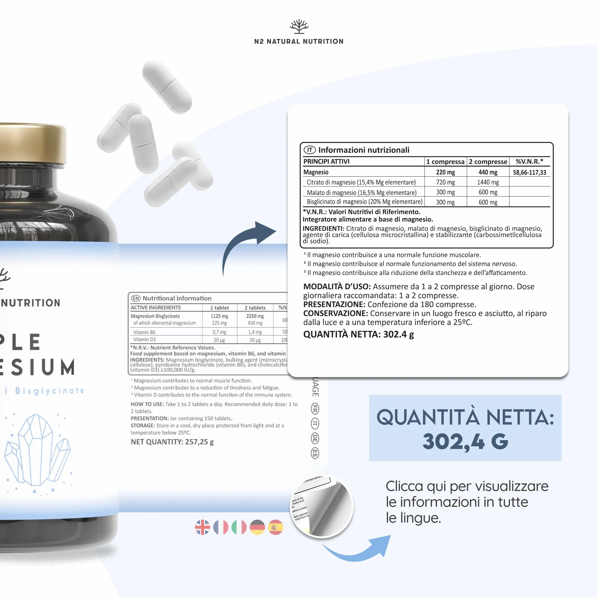 Triple Magnesio 2640 mg. Integratore Magnesio Bisglicinato + Magnesio Citrato + Magnesio Malato - Riposo, Energia, Ossa e Muscoli - Antistress - 440mg Elementare - 180 Compresse - N2 Natural Nutrition