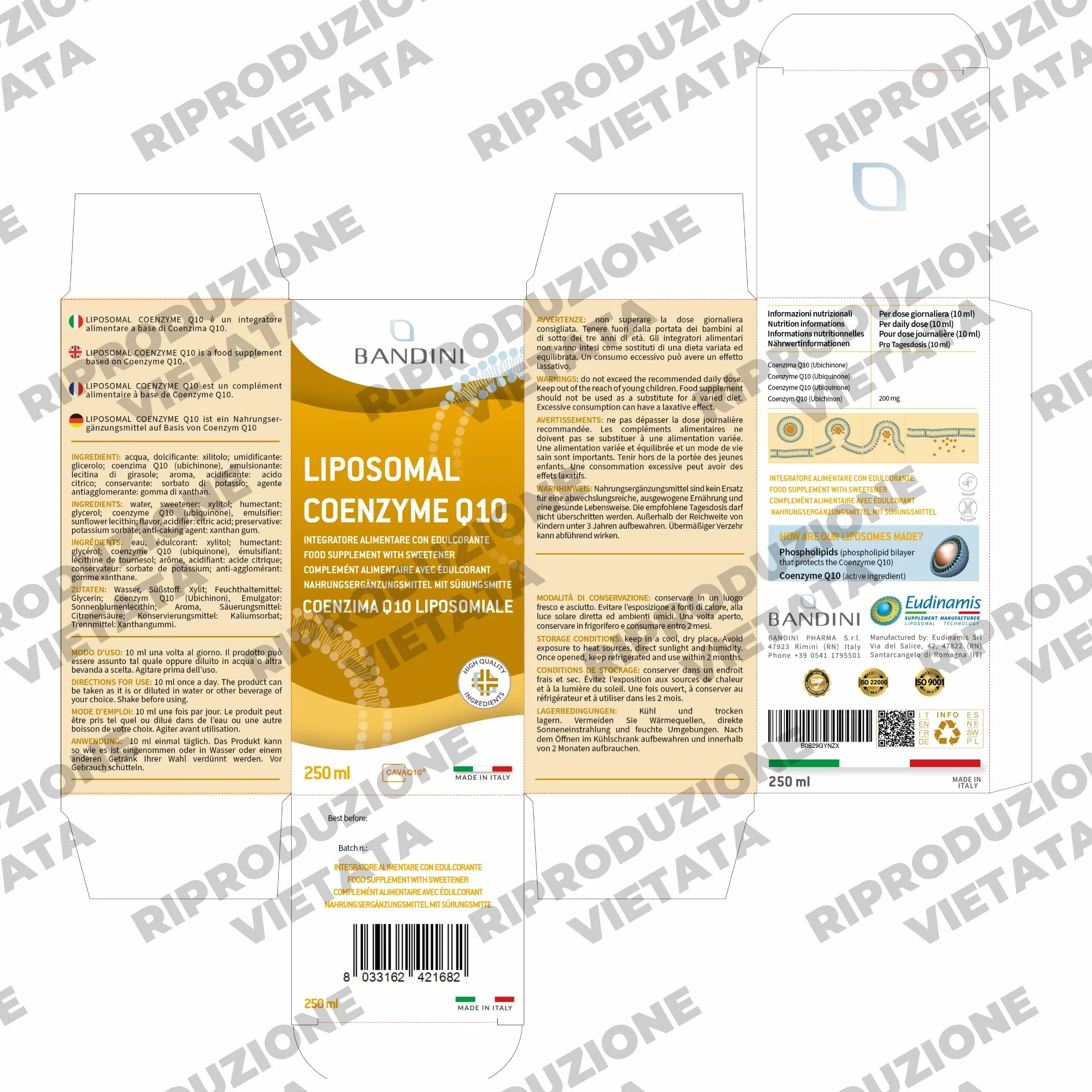 Bandini® Coenzima Q10 Liposomiale 200mg | Ubichinone Coq10 Alto Dosaggio 250ml - CAVAQ10® ad Alta Biodisponibilità, Vegano da Fermentazione del Mais | Coenzyme Q 10 | Migliore Antiossidante | Pelle