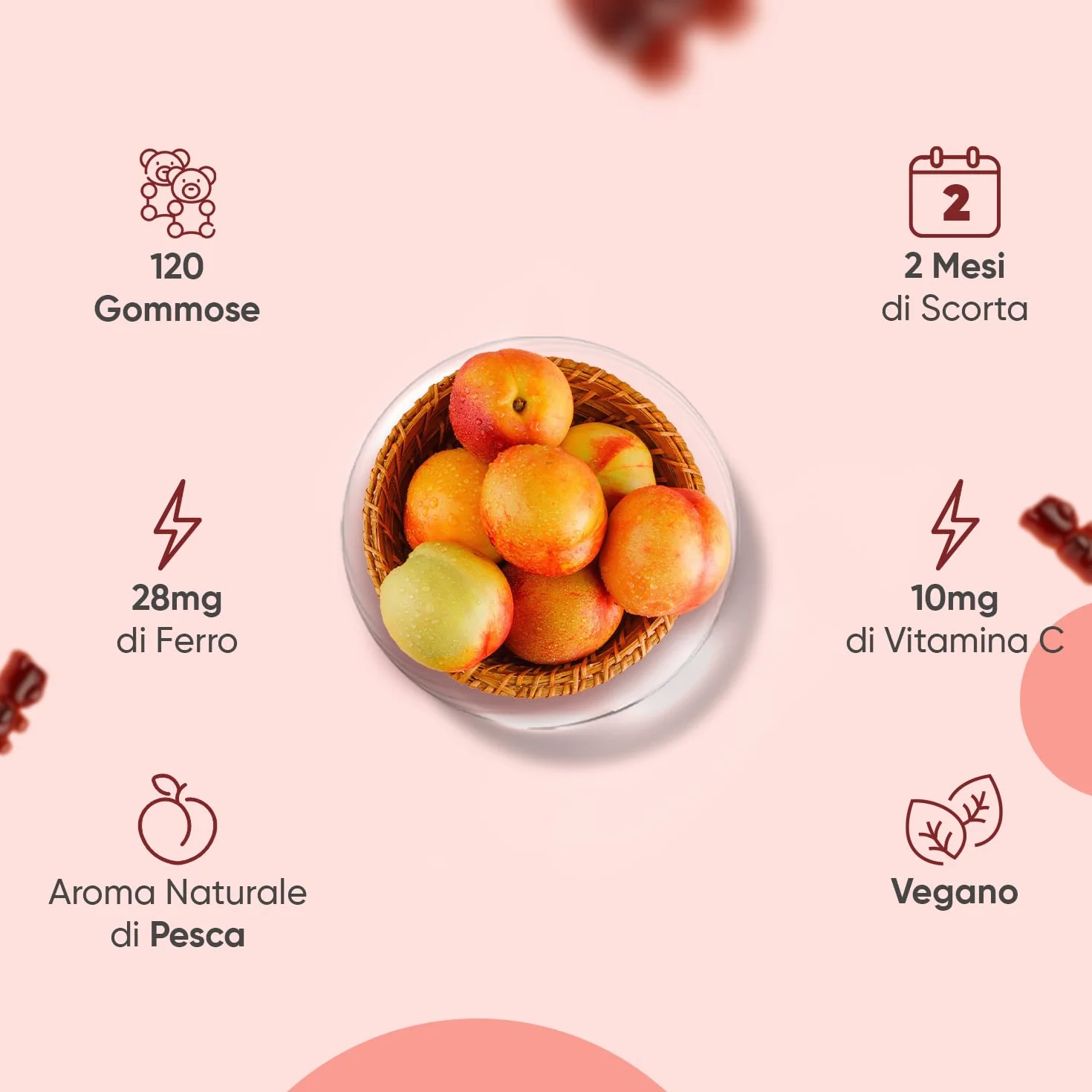 Integratore Ferro e Vitamina C in 120 Caramelle Gommose Vegane (Scorta 2 Mesi), 38mg di Ferro Integratore (Fumarato Ferroso) con Vitamina C (Acido L-Ascorbico), Gusto Naturale di Pesca, Senza Glutine