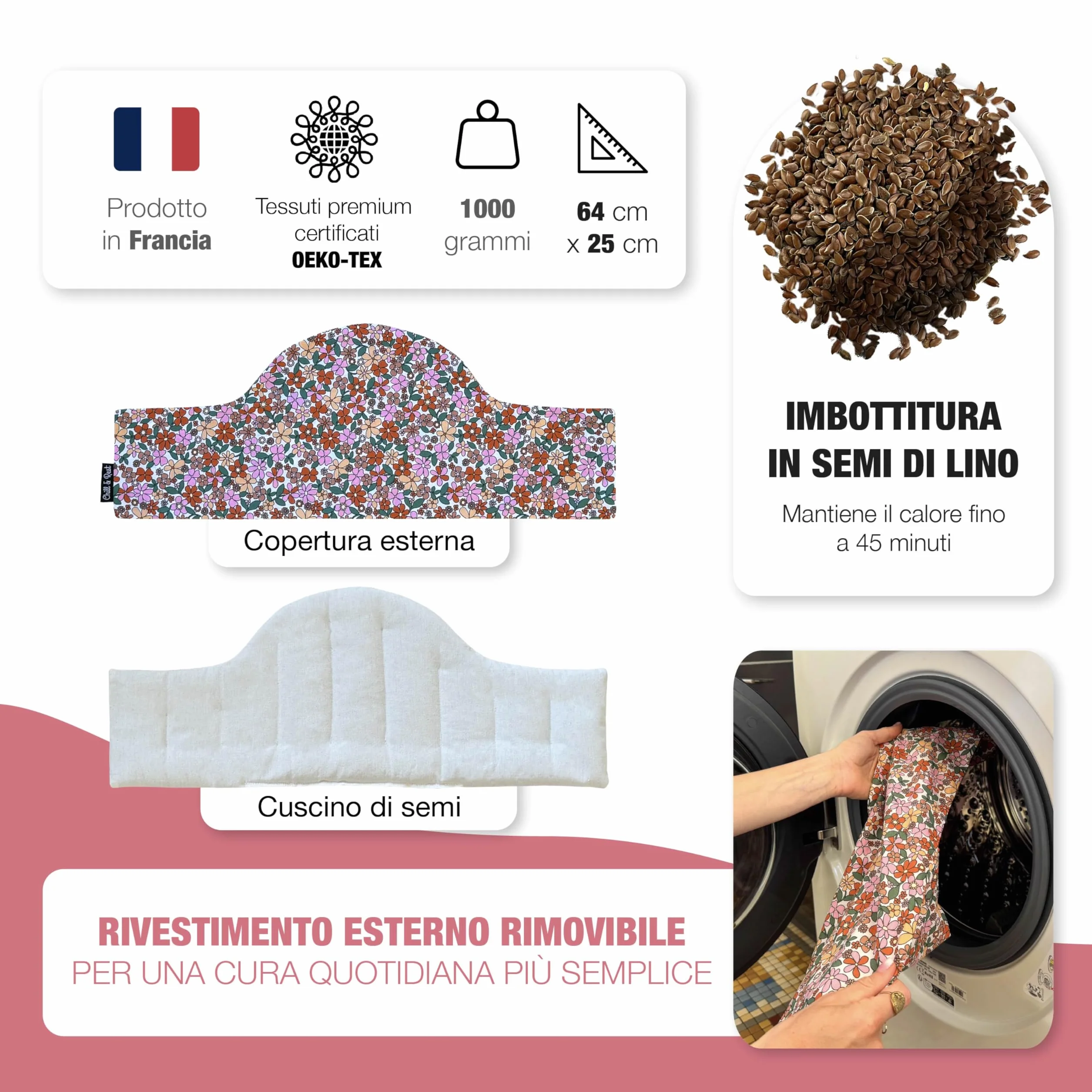 Chill&Rest - Cuscino termico microonde - semi di lino - cuscino termico cervicale - dolori mestruali - Prodotto in Francia - cuscino riscaldabile microonde - Rosa - La Florale