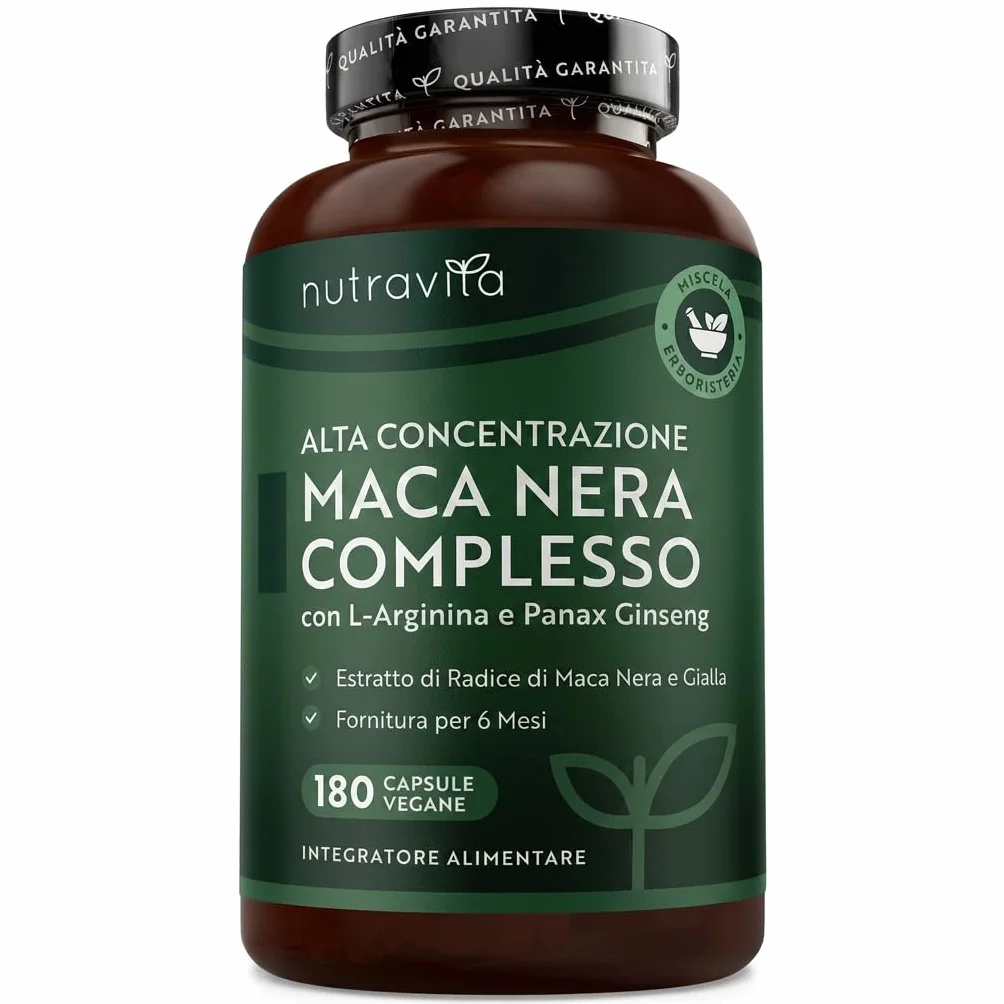 Nutravita Maca Peruviana Complesso 5000mg per capsula - Complesso di Maca Nera ad altissima resistenza con Arginina – Radice Vegana di Black Maca - 6 mesi di fornitura