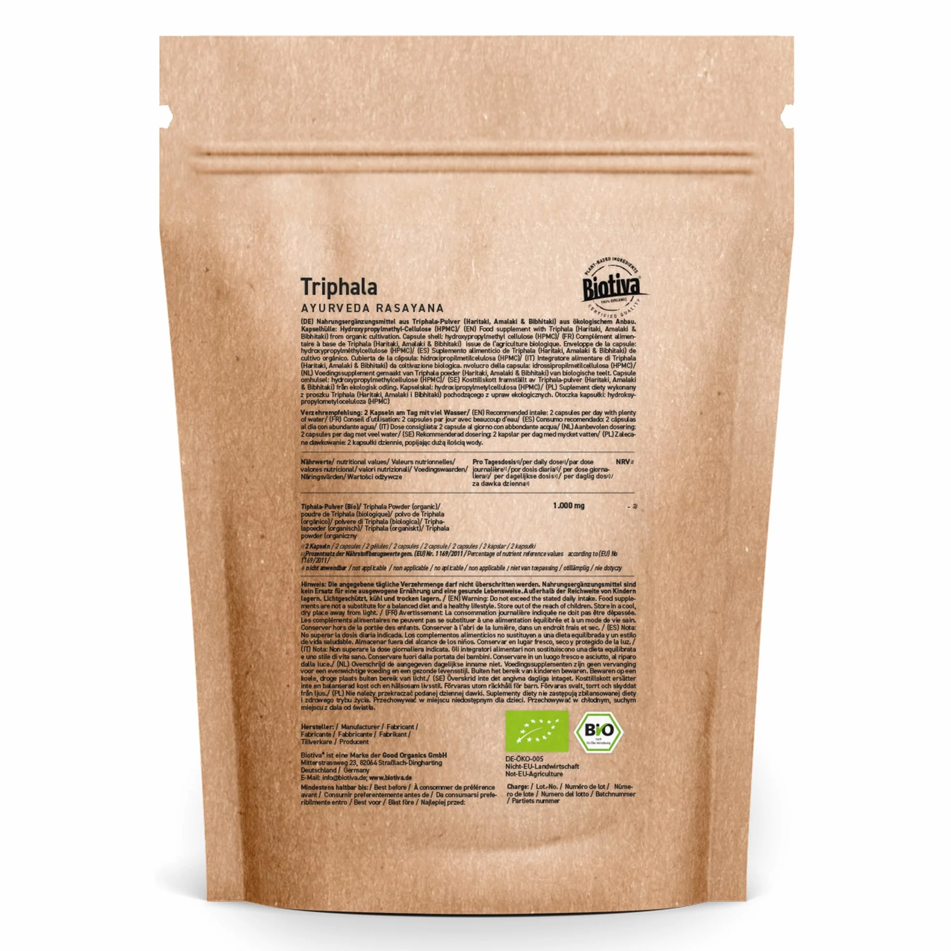 Triphala Bio 500 Capsule - 500mg per capsula - 250 giorni di dose - Triphala organico ad alta dose - imbottigliato e controllato in Germania - vegan - Biotiva