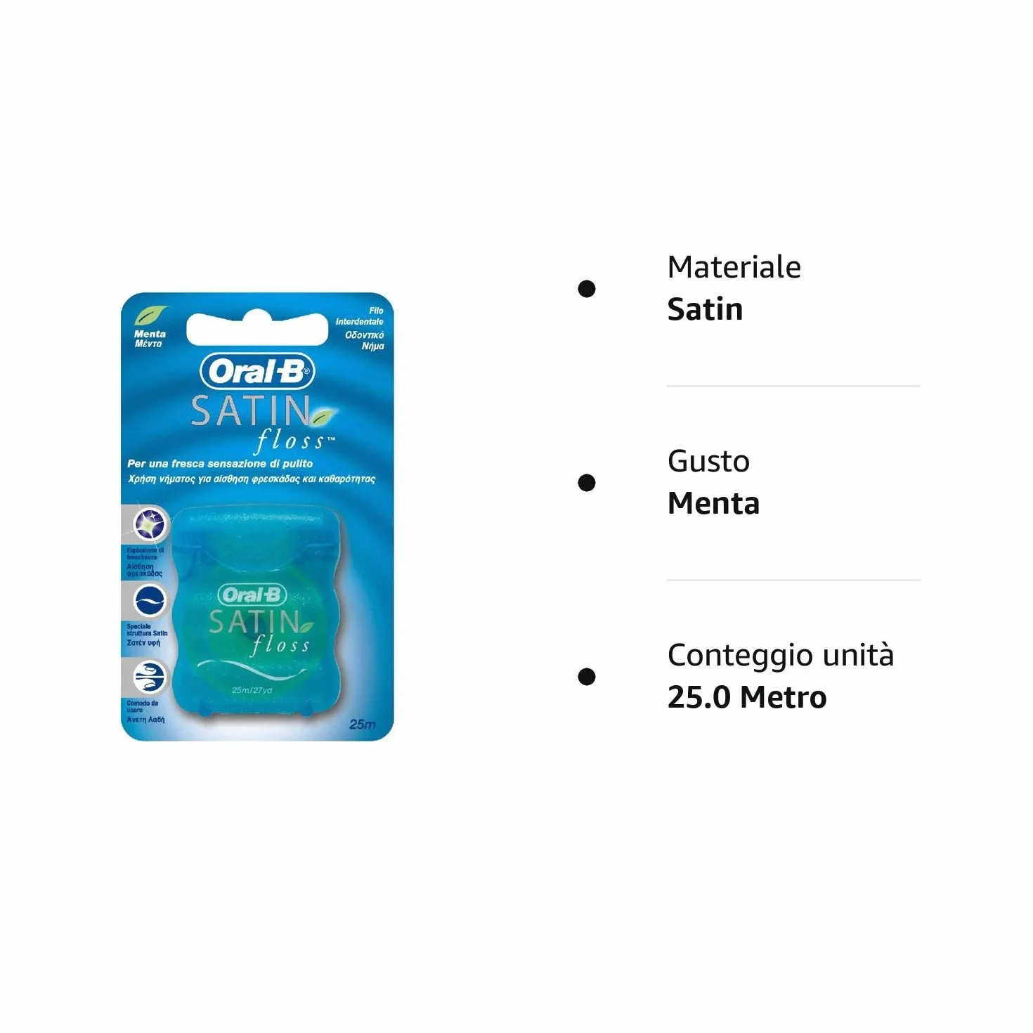 Oral-B Satin Floss, Filo Interdentale, Sensazione di PUlito e Frescheza, Delicato sulle Gengive grazie ala Texture Effetto Satin, Menta, 1 Confezione da 25 metri