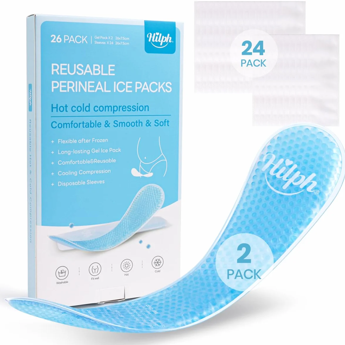 Hilph Compressa Gel Fredda Calda Postpartum, 2 Nuclei Riutilizzabili + 24 Custodie, Cuscinetto Refrigerante Perineale