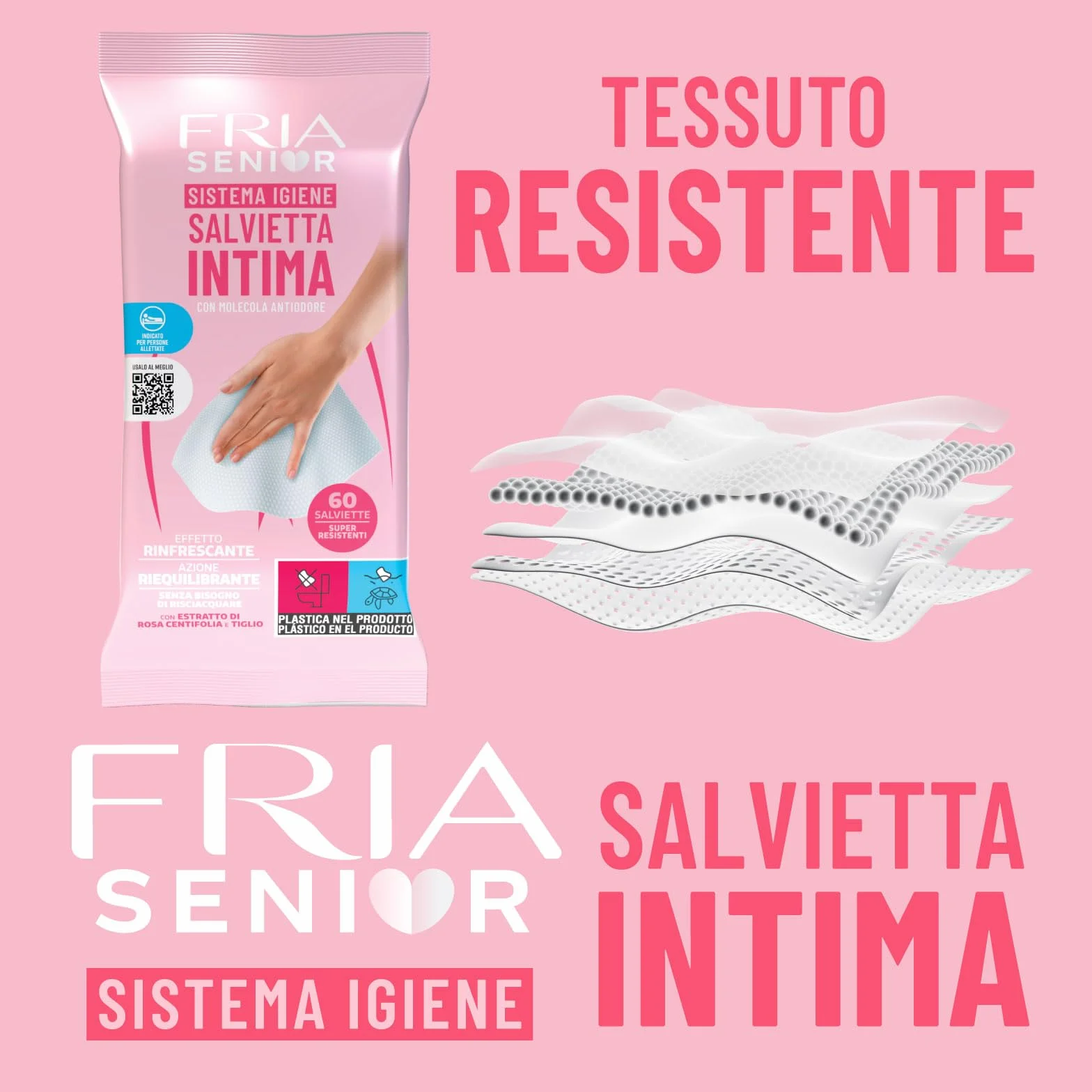 Salviette per l’Igiene Intima degli Anziani - con Estratti di Rosa Centifolia e Tiglio - Azione Riequilibrante - Antiodore - Formato: 60 Salviette - FRIA Senior (Confezione da 4)