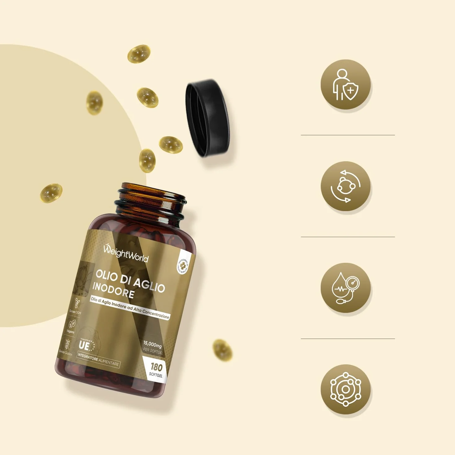 Aglio Capsule Molli Vegane 15000mg, 1 Softgel al Giorno (6 Mesi), Estratto di Aglio Inodore 500:1, Allicina Integratore Ricavato dall’Allium Sativum in 180 Softgel, Deodorizzato, Senza Glutine né OGM