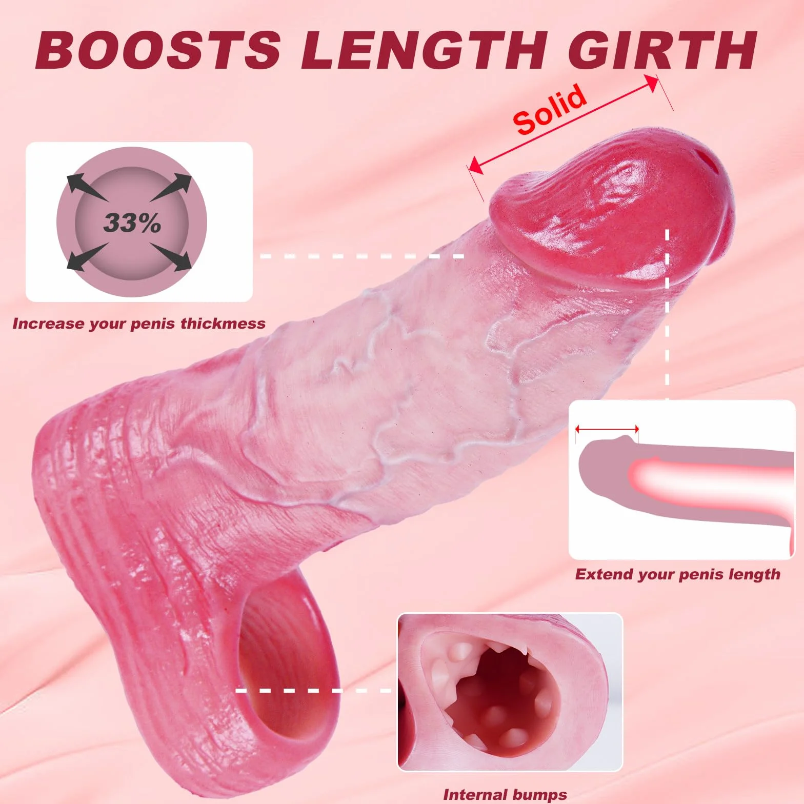 Set di 2 copripene e anelli in silicone realistici, S/L, per rapporti più duraturi e intensi, con glande rosso e vene realistiche, prolunga pene, giocattolo adulto per uomini e coppie
