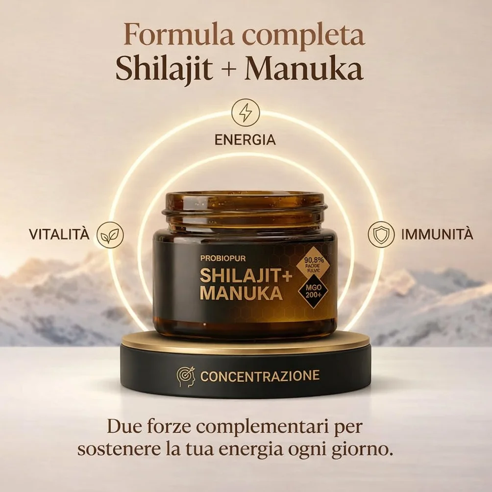 PROBIOPUR – Shilajit + Miele di Manuka (50 g) – Formula esclusiva 2 in 1 – Resina 100% pura dell’Himalaya + Manuka MGO 200+ – 90% acido fulvico – 100% naturale
