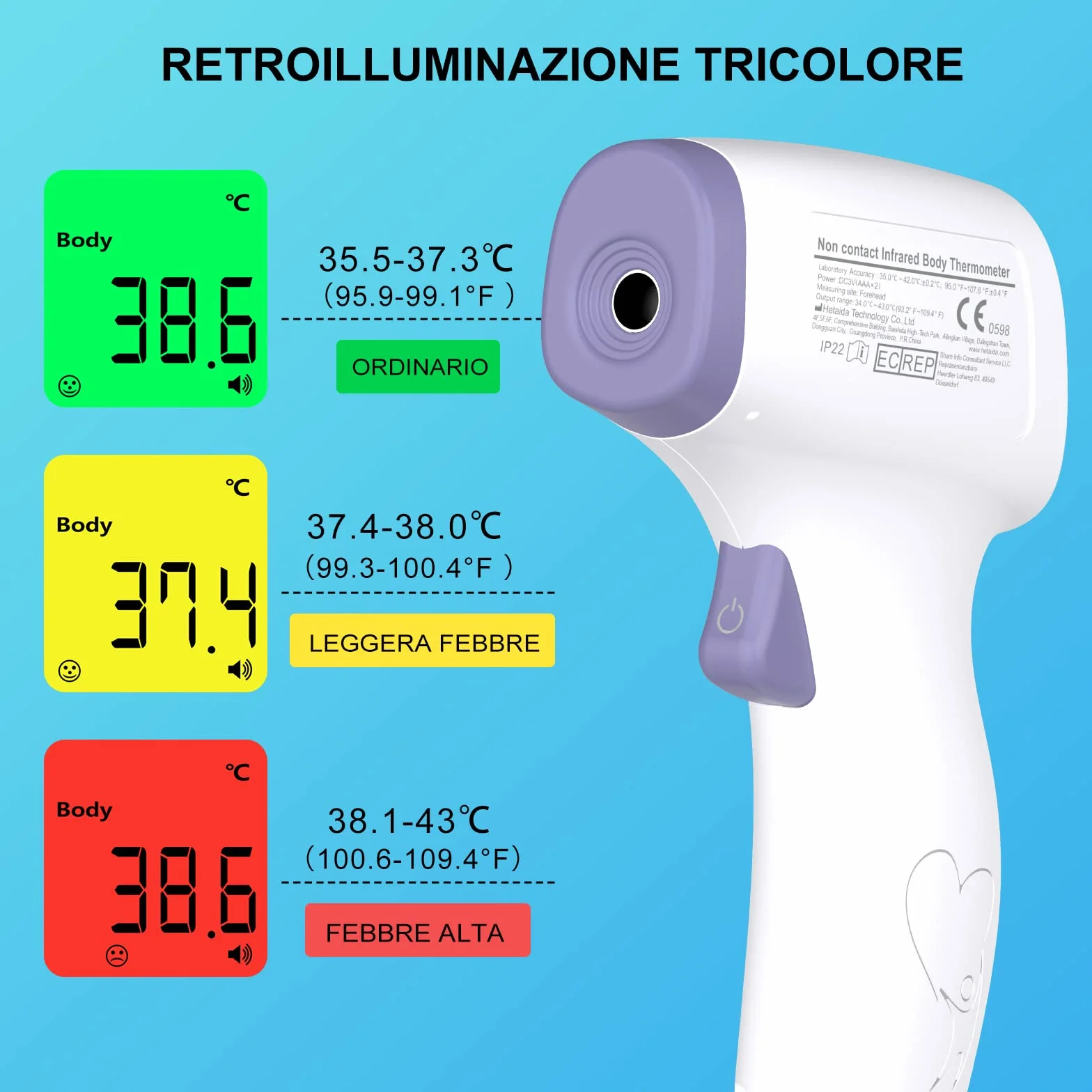 Termometro Infrarossi senza Contatto Digitale con Allarme Febbre e Memorizzazione per Adulti Bambini Neonato Porpora