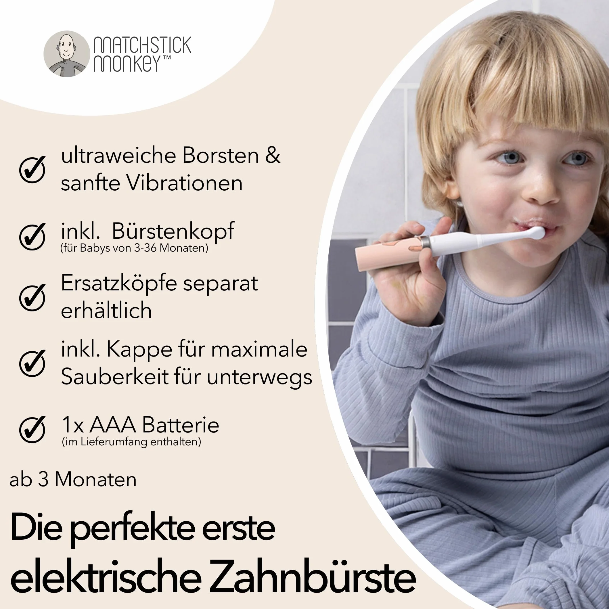 Matchstick Monkey Baby Electric Sonic Toothbrush, Antimicrobial Protection, Suitable from 3 Months, Dusty Pink