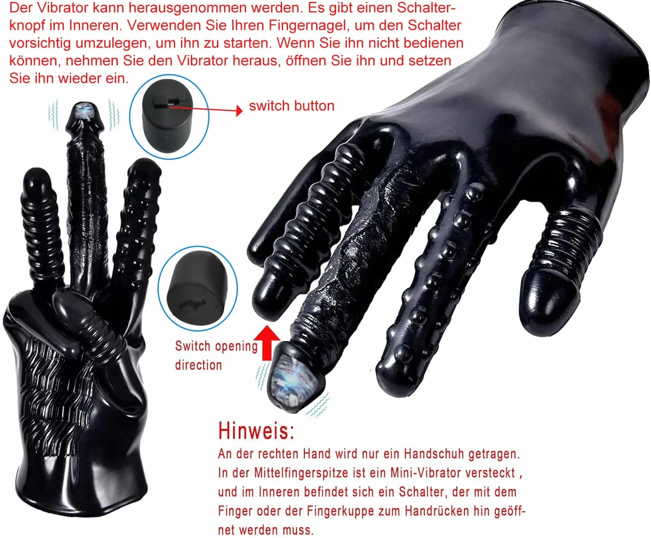 Vibratore per dita medie, dildo vibrante, guanti per masturbazione, impermeabili, in lattice, fetish, guanti multifunzione (1 guanto per la mano destra)