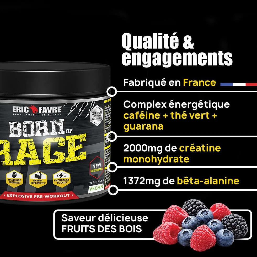 PRE- WORKOUT Born Of Rage - Polvere esplosiva vegana - Miglioramento muscolatura - Energia e resistenza - Anti fatica per allenamenti intensivi - Lotto di 2 x250 g - Laboratorio francese Eric Favre